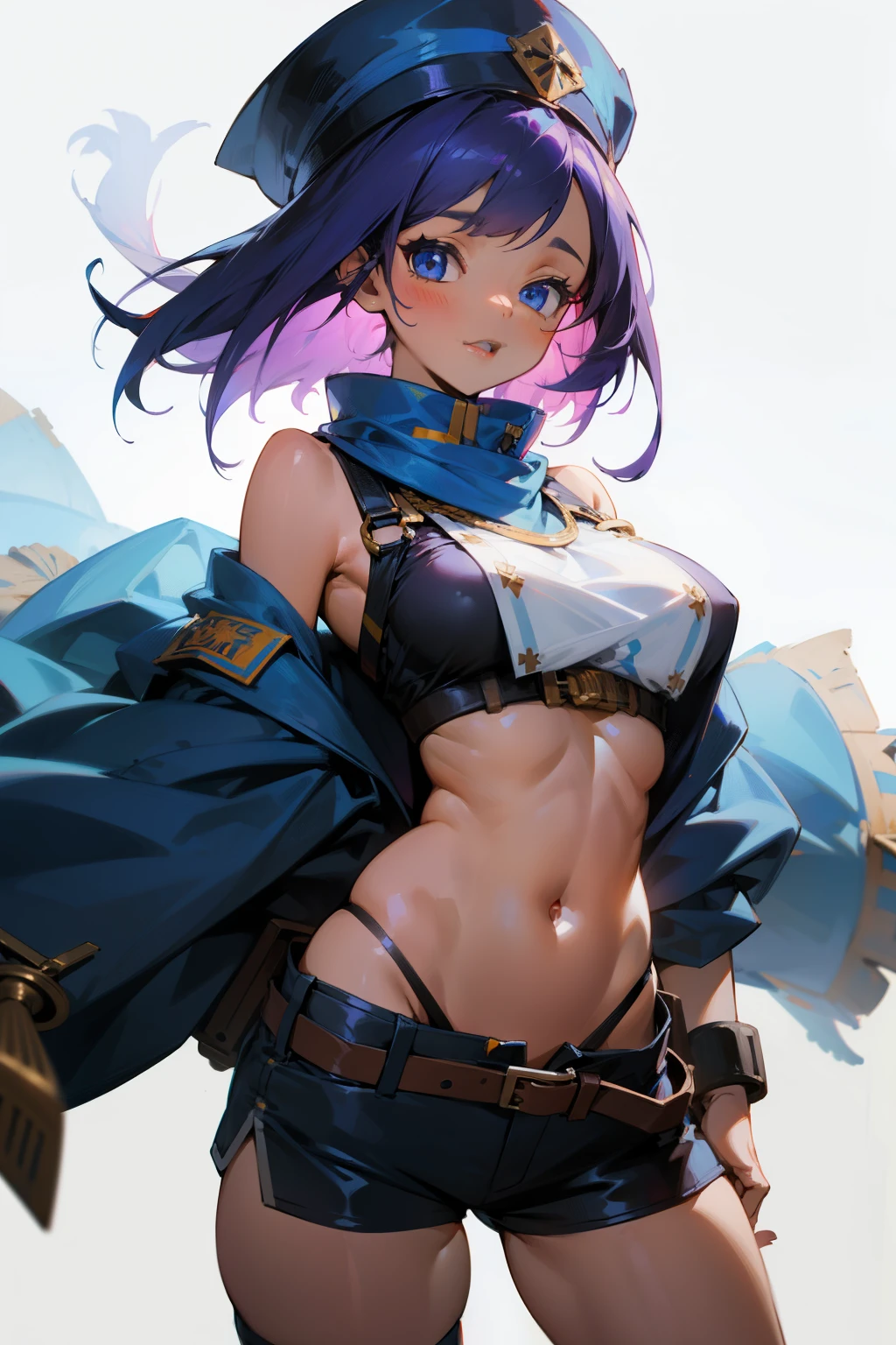 Mumia Cute girl, short dark purple hair, white wrap, blue eyes, blue tongue, big breasts, short shorts, exposed stomach, Mumia, Mumia