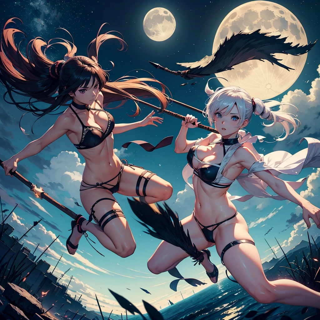 Two very sexy anime girls in thongs, with the moon in the background running to each other in a battlefield to clash attack sticks