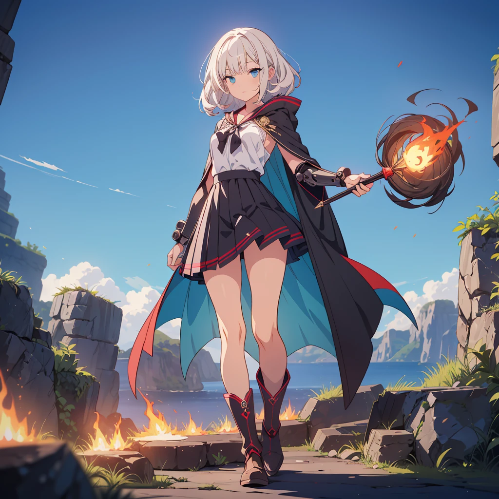 (Tabletop, Highest quality), (perfect athletic body: 1.2), (Thin Hair), Super Detailer, Anime Style, whole body, alone,Magical girl, Sea green twin hairstyles with blue eyes, Wearing a tattered black cloak and a black and red skirt, Wearing long boots, Burnt mechanical limbs, giant limbs, a burning hole in my chest, Standing in the Wilderness, 8K high resolution, White Background, whole body, Holding a giant magic wand in one hand, ((woman'purple-black flame'Fist of))Bullish appearance