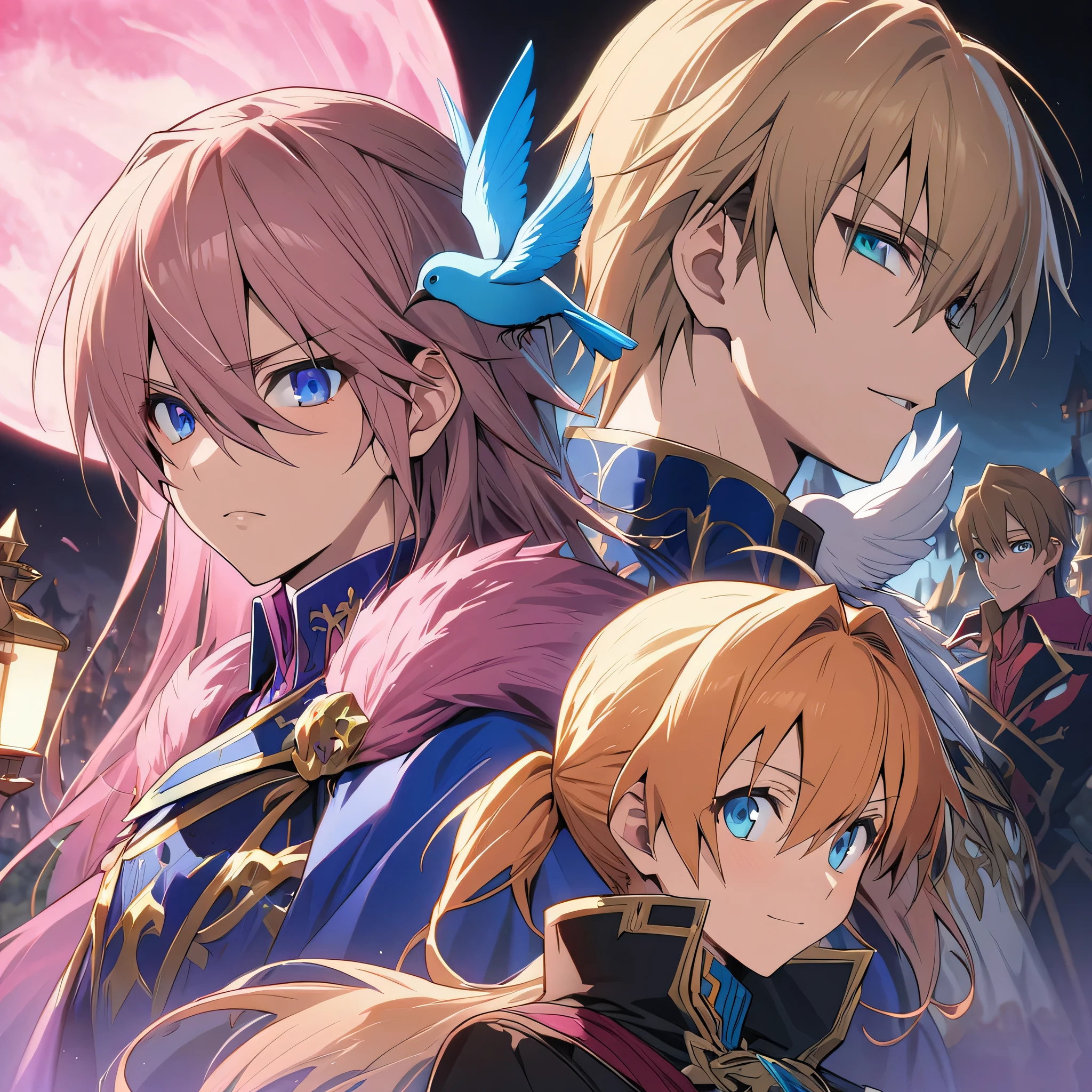 Absurd, High resolution, Super detailed, High resolution, masterpiece, Highly detailed face and eyes, Hair between the eyes, Expressive, vibrant blue eyes, White eyelashes, alone, Sexy man, good looking, Fantasy World, Pink Roses, Pink Curtains, Glowing pink lantern, Pink Moon,pattern,anime character with blue cape and hat holding a bird, portrait of magical blond prince, beautiful androgynous prince, inspired by Li Chevalier, delicate androgynous prince, machiavellian puppetmaster, okita sougo, tall anime guy with blue eyes, [[[[grinning evily]]]], orange - haired anime boy, zerochan