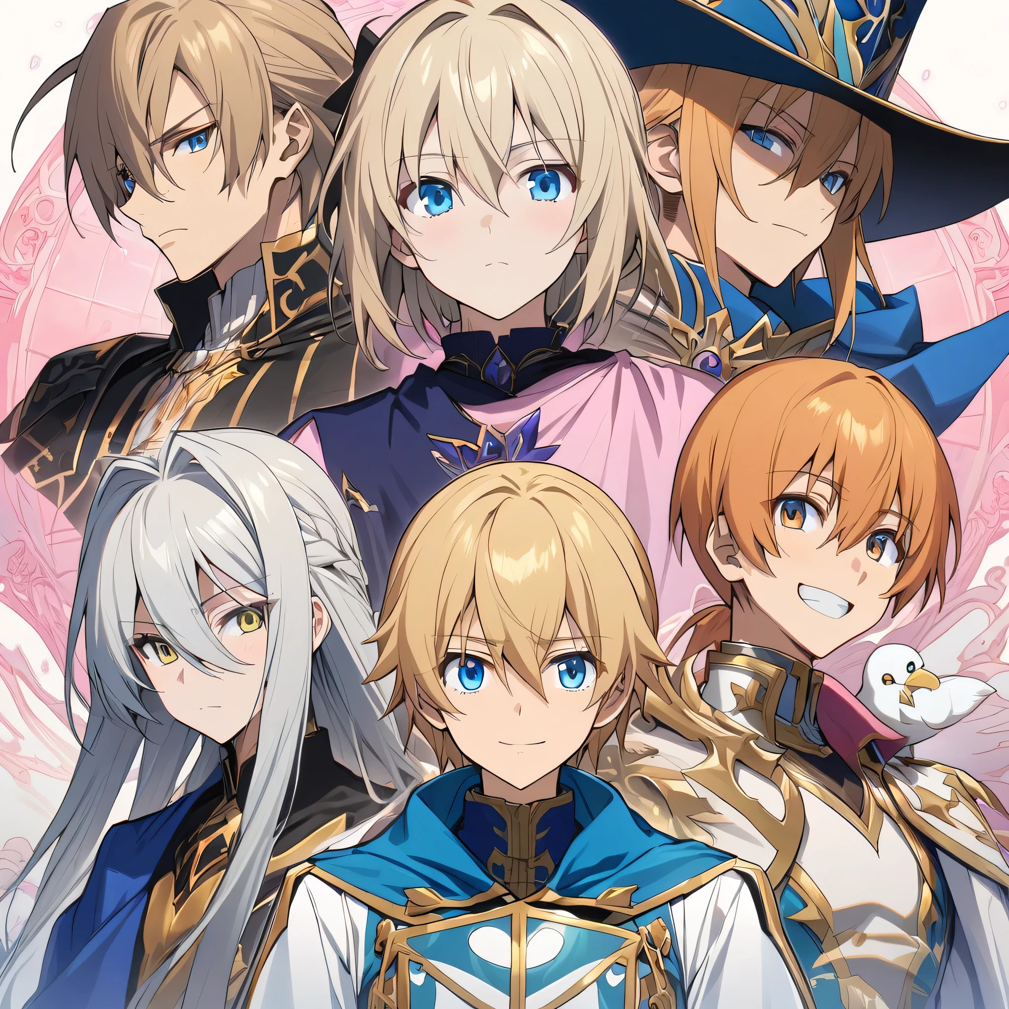 Absurd, High resolution, Super detailed, High resolution, masterpiece, Highly detailed face and eyes, Hair between the eyes, Expressive, vibrant blue eyes, White eyelashes, alone, Sexy man, good looking, Fantasy World, Pink Roses, Pink Curtains, Glowing pink lantern, Pink Moon,pattern,anime character with blue cape and hat holding a bird, portrait of magical blond prince, beautiful androgynous prince, inspired by Li Chevalier, delicate androgynous prince, machiavellian puppetmaster, okita sougo, tall anime guy with blue eyes, [[[[grinning evily]]]], orange - haired anime boy, zerochan