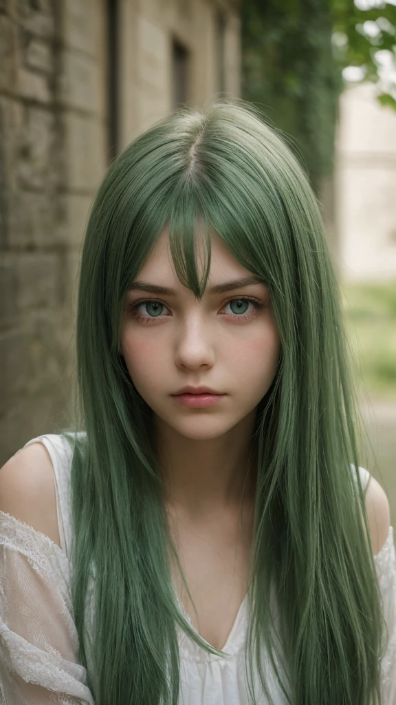 a girl.  Europe.  Oval face.  delicate facial features.  charming.  Long, straight, messy hairstyle.  green hair.  green eyes.  Sad.  shy.  straight face.  outdoor