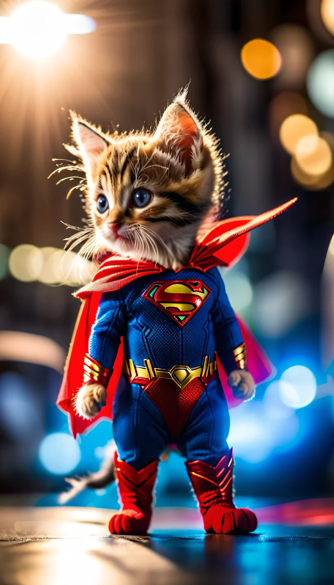 Short legged kitten, ((Superman Costume)), Spectacular sight, Dynamic Camera, Backlight, (closure:1.2), High quality photos,  4K, , High resolution, Smooth, Clear focus, High resolution, Award-winning photo, 80mm, f2.8, Bokeh