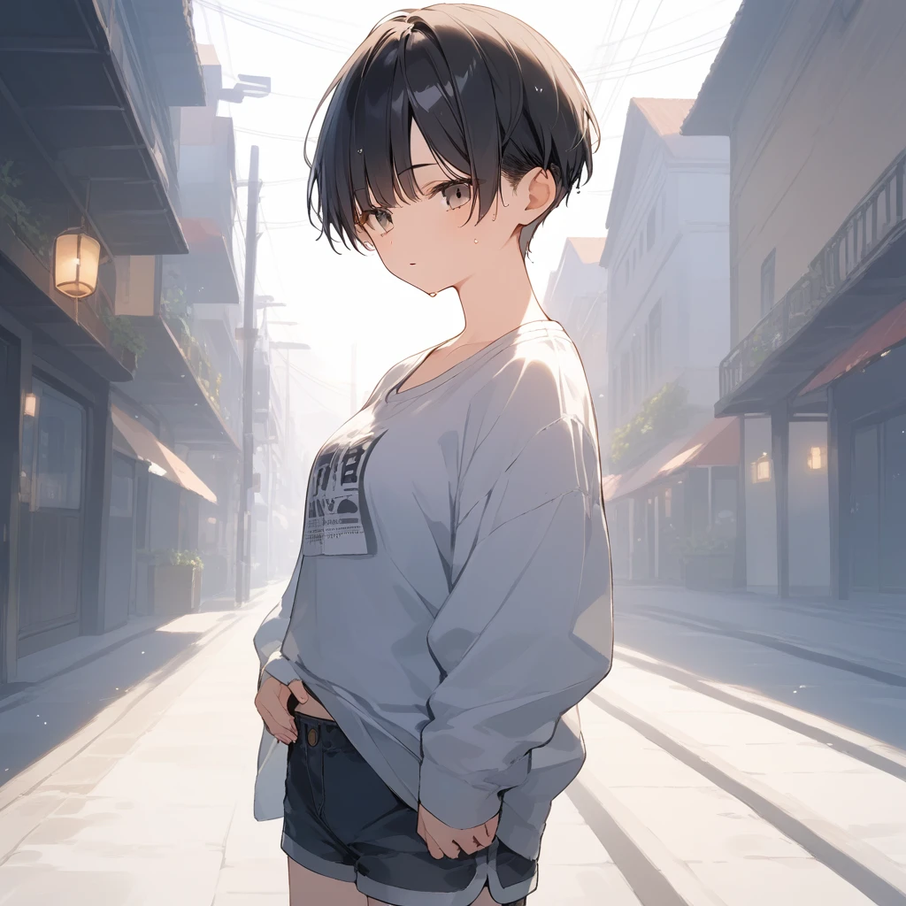 score_9, score_8_up, score_7_up, source_anime, best quality, masterpiece, official art, absurdres, highres, ultra-detailed,waifu2x,Collection: Slice of Life,break,1girl, tomboy, very short hair, pixie cut, breasts, hanme, beautiful detailed eyes, expressionless, shorts,sweat, parted lips, sleepily, outdoors,meadow, wind, break,(clear line illustration:1.2), super detailed skin,very high resolution, very aesthetic, Best sexual lighting powered by famous artist, 8k, beauty illustration,photoshop_(medium),,(Detailed Lighting),best anime 8k konachan wallpaper, pixiv contest winner,