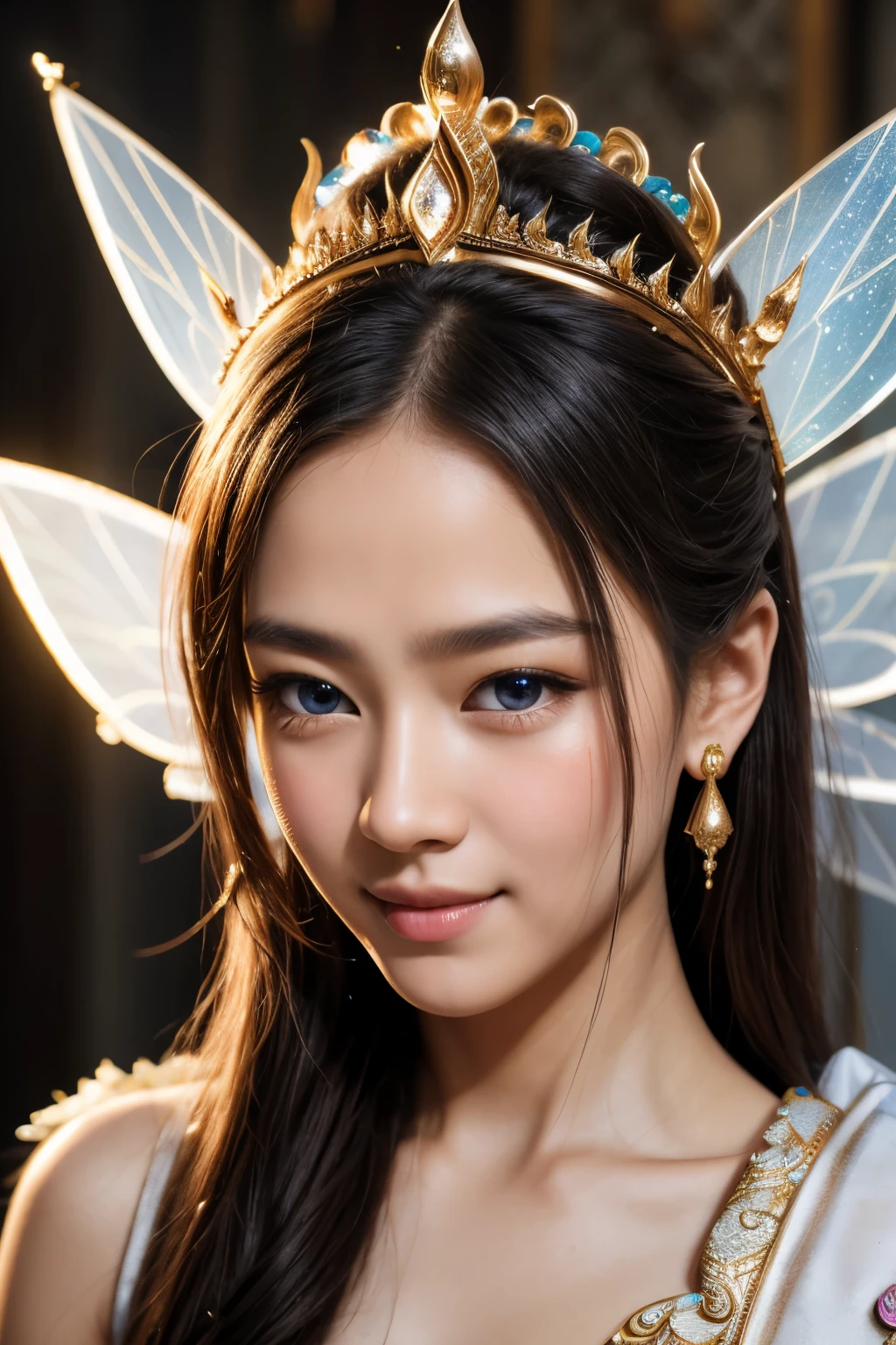 (Silamae:1.5), enlargement, masterpiece, best quality, RAW photos, realistic, face, incredibly absurd, Surreal photo of a beautiful girl (tie mix), a charming smile, cute, long hair, depth of field, mackerel, very detailed, in detail, very detailed, very detailed eyes and face, sharp eyes, realistic student, sharp focus, movie lights, Fractal Fairy Armor,