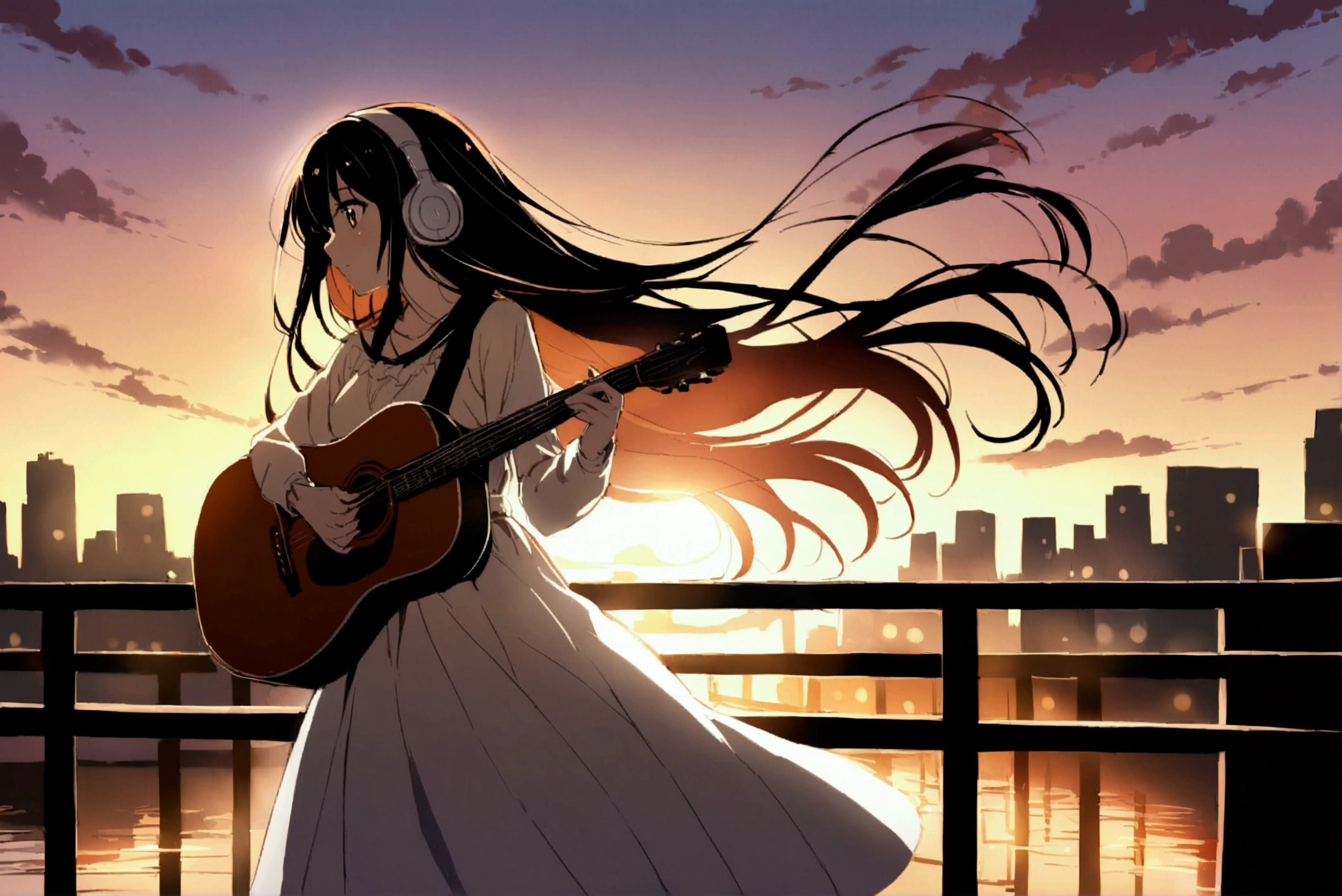 A high school anime girl with long flowing hair and headphones draped around her neck stands on a bridge in a bustling city, silhouetted against a vibrant sunset. She is holding an acoustic guitar and strumming a melancholic tune. The warm glow of the sunset casts a soft light on her face, highlighting her delicate features.