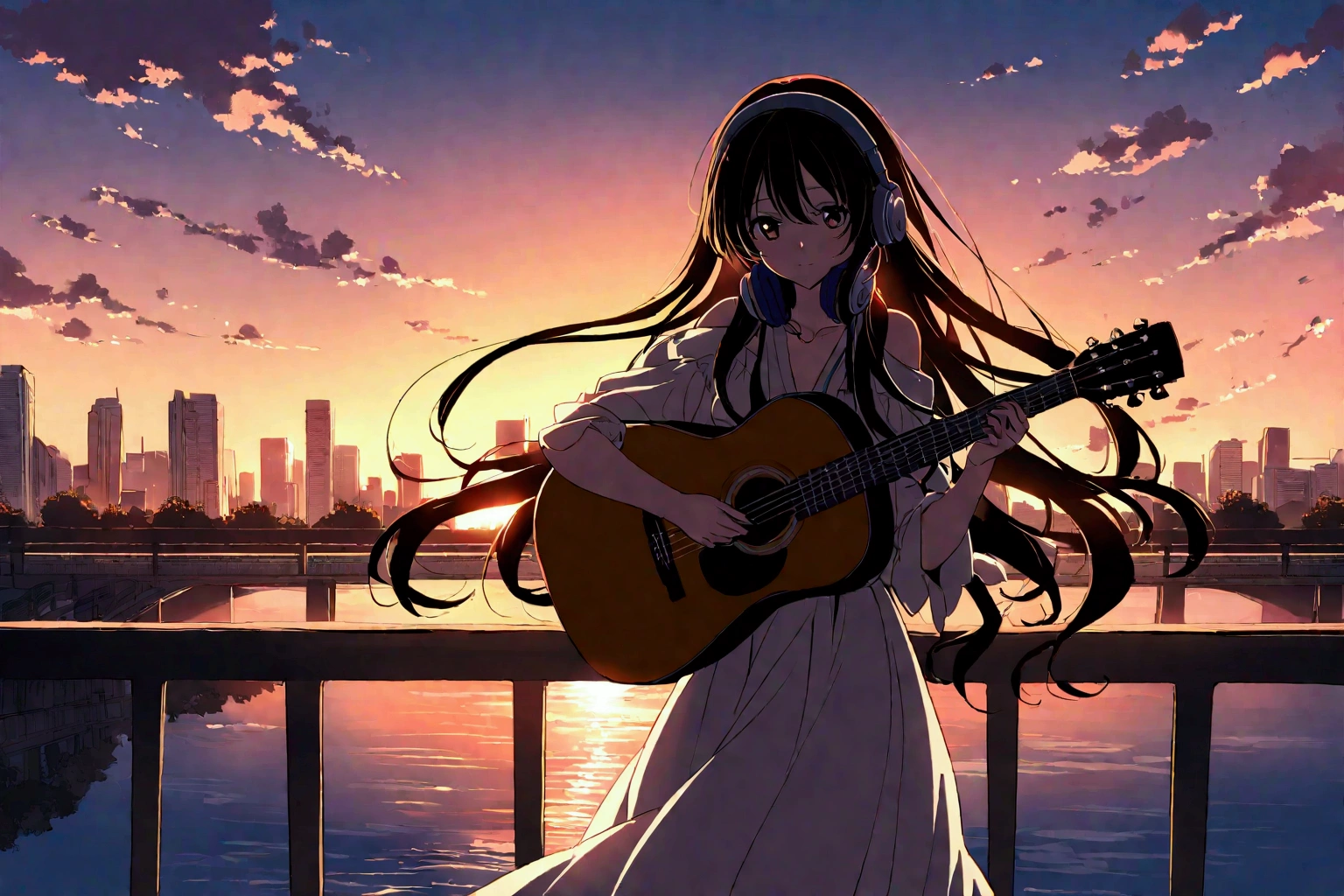 A high school anime girl with long flowing hair and headphones draped around her neck stands on a bridge in a bustling city, silhouetted against a vibrant sunset. She is holding an acoustic guitar and strumming a melancholic tune. The warm glow of the sunset casts a soft light on her face, highlighting her delicate features.