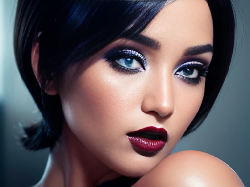 Beautiful girl short black hair, blue eyes white skin,  black eyeliner , black manicure and voluminous red lips, beautiful and perfectly detailed face,  nsfw image 1.2 high resolution 12k gotich makeup fanart Stunning wallpaper 