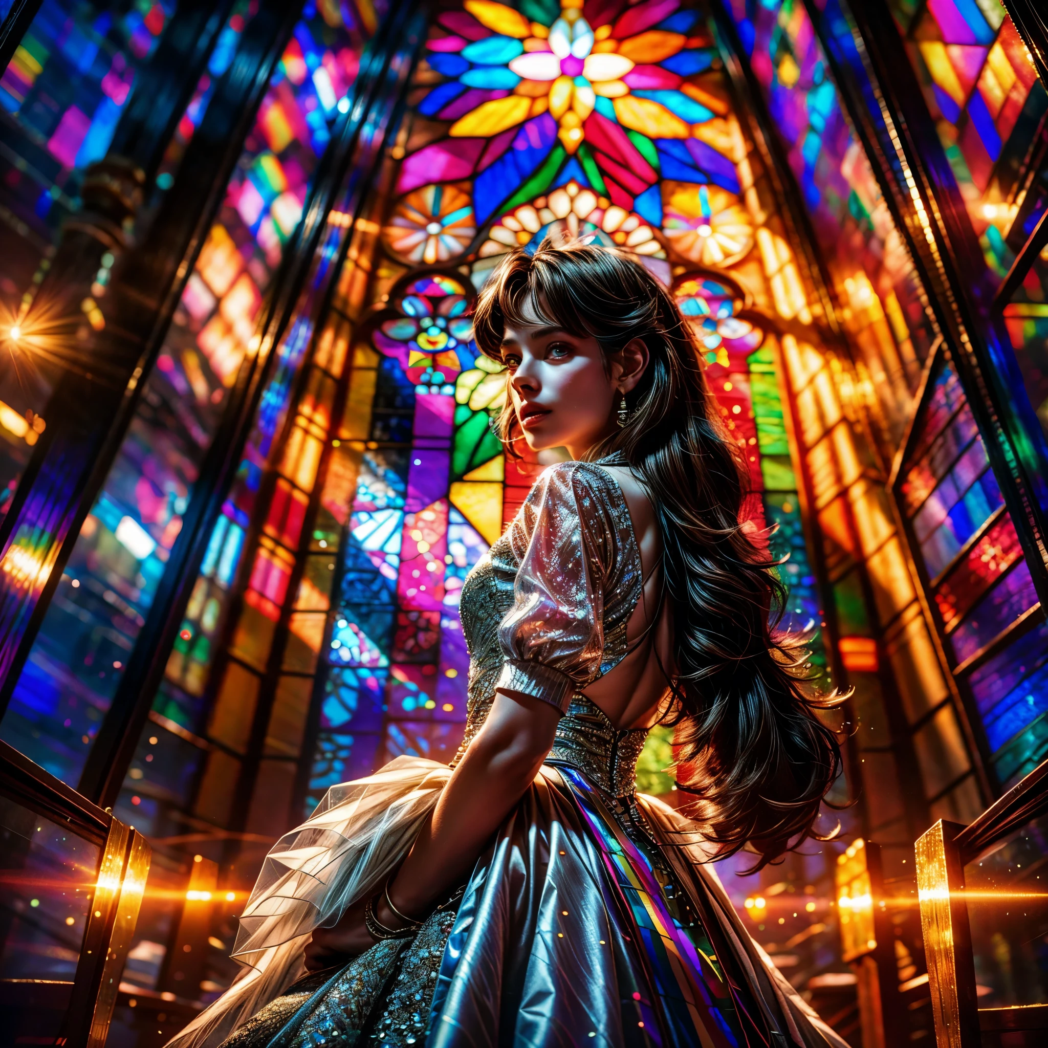 RubyRed (Cathedral from below:1.28) VolumetricLighting (FullBody ZoomedOut:1.28 Wide-shot) ZoomLayer (BokeH:1.32), TopQuality 8K masterpiece of ((Professional photo)), (((Clarisse de Cagliostro))) (Detailed Delicate White WeddingDresses), Chain, Extremely detailed (KAWAII face) {(VeiledFace)|BlondeHair|(Spanking BuleEyes)}, The background is distant (((Elaborate stained glass))) Rainbow Glass, (MysticSight), GodRays, Radiant PearlSkin with Transparency, (Exposed:0.38)