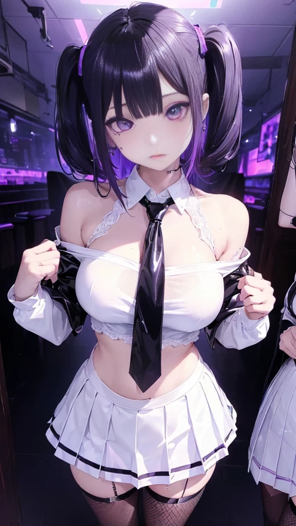 (((top-quality)), ((​masterpiece)), Pitch Resuit、((Adult Woman))、Idol、((huge tit:1.4))、finger double peace 、Sobbing tears、Wet_Clothes 、(watermarked )、erectile nipple、puffy nipple、white frilled legwear:　white、pantyshot、(cum in vaginas:1.2))、cum in mouth.、Large crowds、Stadium、Attention、(see -through:1.3). Lift Mini Skirt、 Mini Skirt One Piece Dress 、underboob, , (shiny skins, perspired:1.4),、 Large crowds, Purple hair, Purple-eyed,,,,The eyes are delicate star,Sharp pupils,,、A slender、(thick thight)、A smile、On stage、shooting