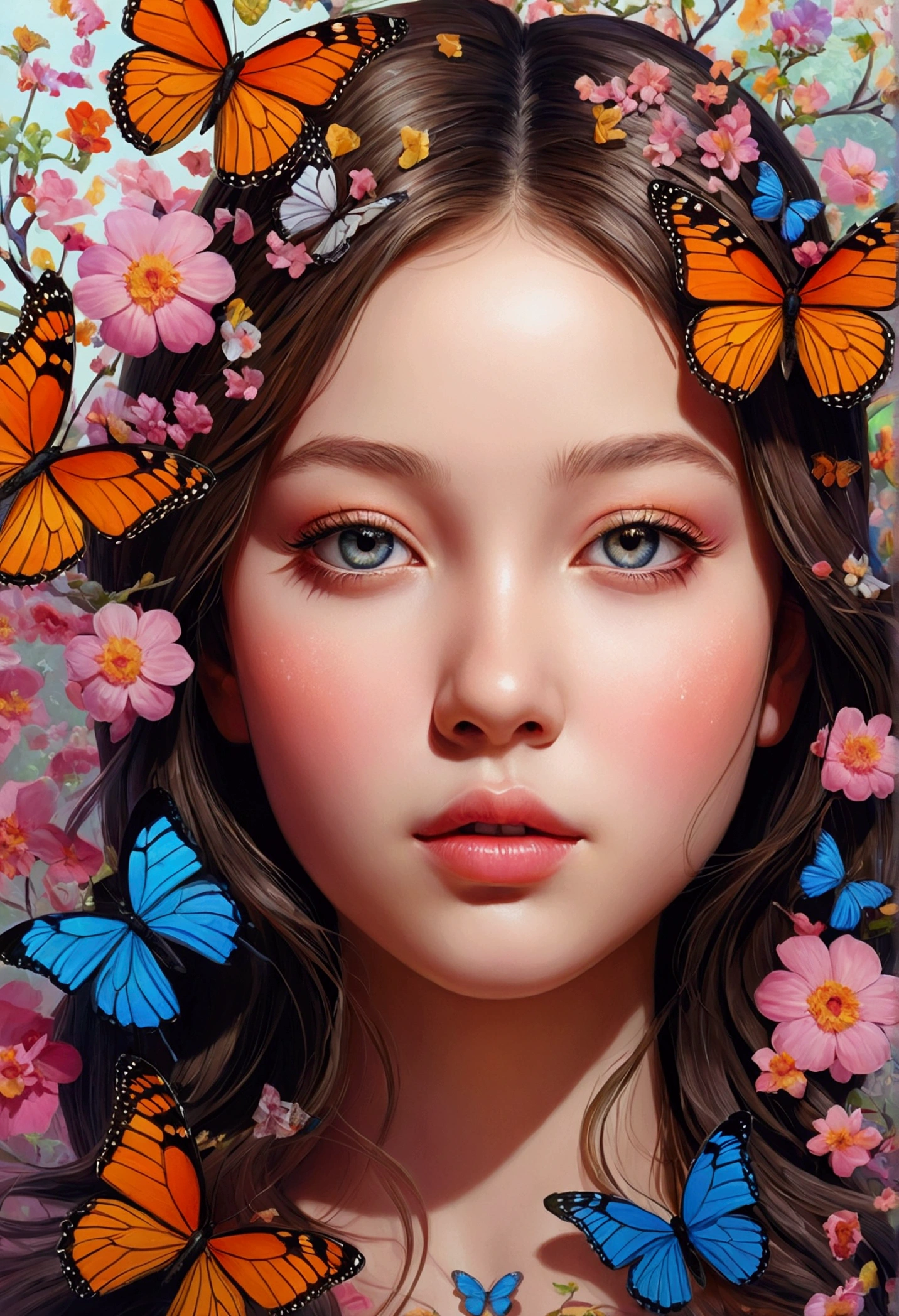 head of&#39;artwork, (best quality), ((Best detailed)), depth of ﬁeld, une belle fille, Bimbo, rounded curves, habits provocateurs, tenuBeau visage, nature, spirit, blossom, Colorful Landscape, fleurs, butterflies, elements