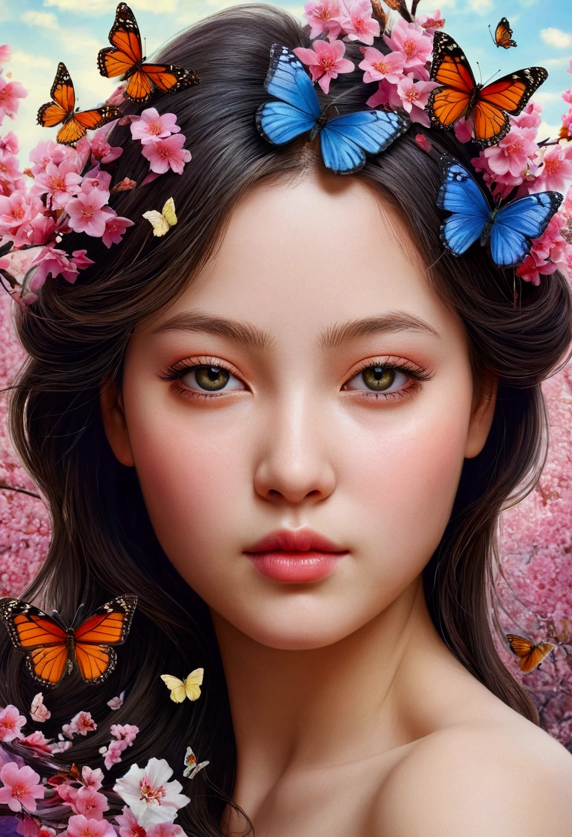 head of&#39;artwork, (best quality), ((Best detailed)), depth of ﬁeld, une belle fille, Bimbo, rounded curves, habits provocateurs, tenuBeau visage, nature, spirit, blossom, Colorful Landscape, fleurs, butterflies, elements
