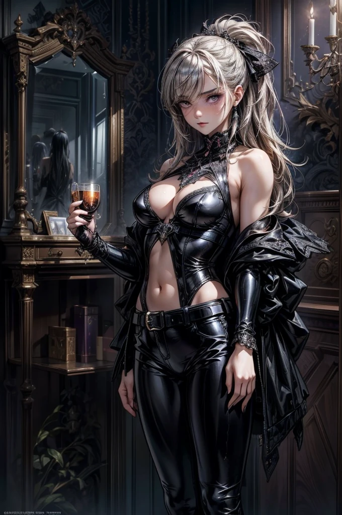 BDSM, In her right hand she is holding a BDSM whip, Disappointed look, Sexy look, Fascinating表情の詳細: 1.4): 0.4], 16K resolution, 4K resolution, (Perfect flat stomach), (Color images), break I. Outfigant, Fascinating, fitted latex corset, Tight latex pants, spouse, fall back, Deep neckline, A belt decorated with mystical symbols, High heel boots, Black and Silver Jewelry. Ⅱ. venue: Gothic castle, Dark and mysterious atmosphere, Dim lighting with chandeliers, A library filled with old magic books, A mirror bordered with magical motifs, Scented candles, Mysterious fog floating in the air. ⅡI. Decoration: Gothic atmosphere, Dim lighting with purple and blue lights, Sleek furniture with black and silver accents, Black velvet curtains, Mirror decorated with magical motifs, Lavender scented candles, break, View your viewers, masterpiece, Highest quality, Very detailed, desire, blush, (Beautifully detailed eye depiction), (Beautiful and elaborate face), Perfect female body, (Highest quality), (Ultra-detailed), (Masseter muscle area), (High resolution), (original), (Very detailed CG Unity 8K 壁紙