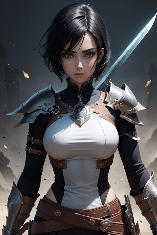 absurdrez, ultra details, high qualiy, work of art, face detailed, gorgeous eyes(detailedeyes) warrior with sword, short black hair, paladin'It's heavy armor, fully body, tense facial expression, gaping mouth, yelling, grappling, gazing at viewer, ombre, eye pencils, super lashes, fully body, lush ass
