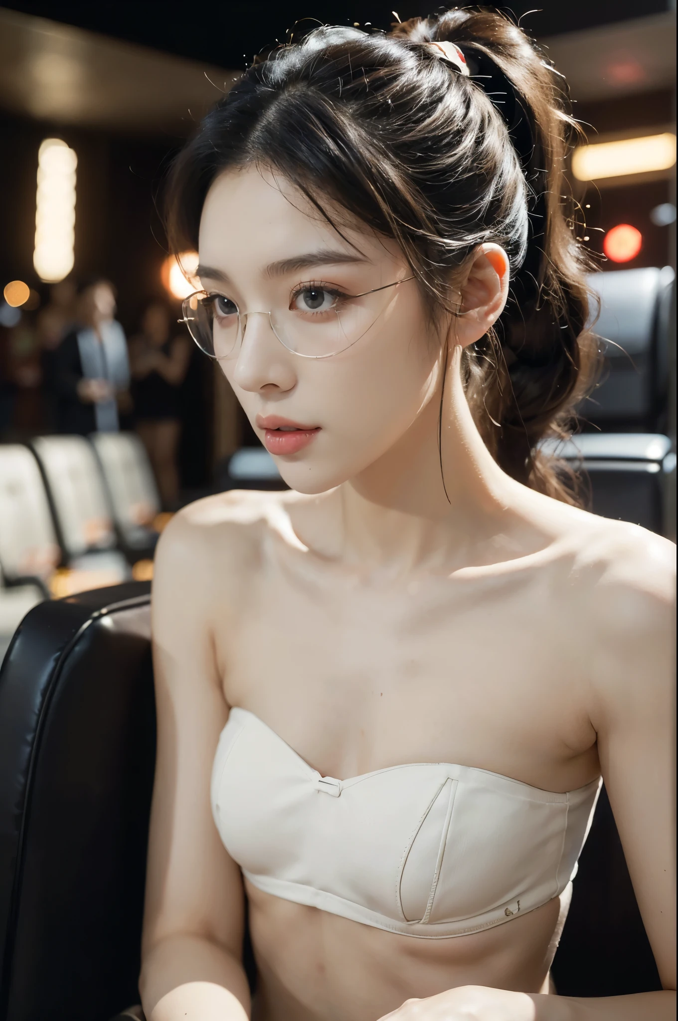 (((best quality))),(((ultra detailed))),(((masterpiece))),illustration,((a beautiful girl,solo)),(short ponytail:1.2),(glasses:1.2),((slim,thin)),((small breasts,flat chest)),(sitting:1.3),(in a movie theater:1.3),(strapless white bra:1.3),elegant, youthful innocence, radiant skin, focused eyes,(movie screen:1.2), (dimly lit:1.5), plush seating, intricate decorations, freshly popped popcorn, anticipation, peaceful expression, cozy surroundings, summer,(night scene:1.3),(Luxurious decoration:1.3), tranquility, joy,((Future technology sense, cyberpunk style)),((from front,close-up of face))