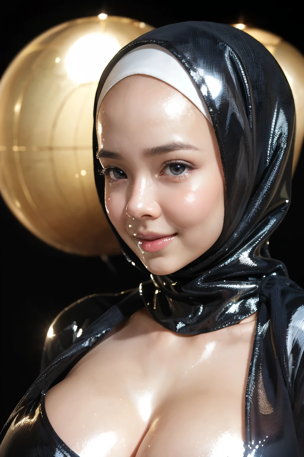 Naked, (((VERY SHINY SKIN))), Very cute like a baby face, ((Stylish Hijab)), adorable, 1 girl, 10 years old, baby face, shy, half body portrait,smile,  (face details: 1), (eye details: 1), ((round large breasts, cleavage)). Cute posed. proportional body. Ultra High Res. (realistic: 1.8), UHD, ((SHINY SKIN :1.5))