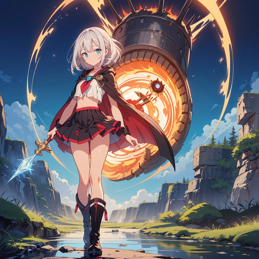(Tabletop, Highest quality), (perfect athletic body: 1.2), (Thin Hair), Super Detailer, Anime Style, whole body, alone,Magical girl, Sea green twin hairstyles with blue eyes, Wearing a tattered black cloak and a black and red skirt, Wearing long boots, Burnt mechanical limbs, giant limbs, a burning hole in my chest, Standing in the Wilderness, 8K high resolution, White Background, whole body, Holding a giant magic wand in one hand, ((woman'purple-black flame'Fist of))Bullish appearance