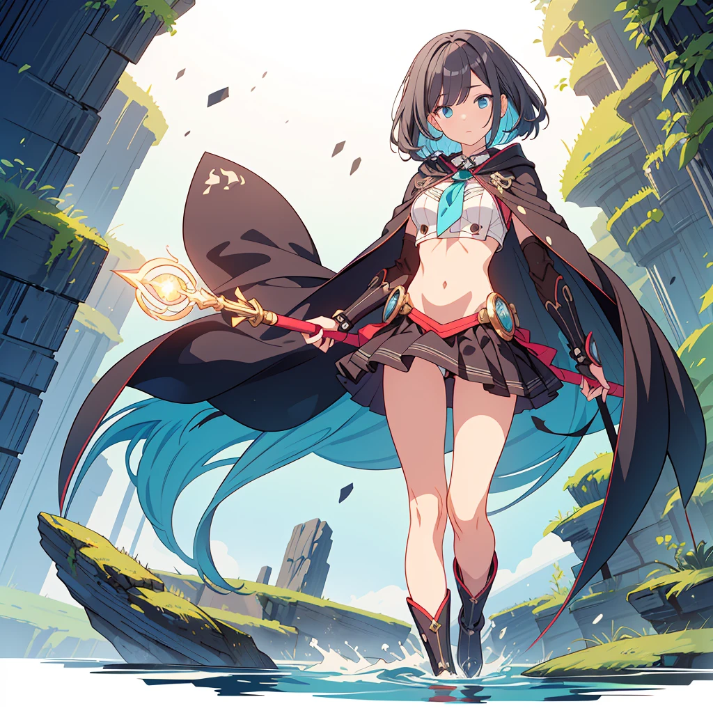 (Tabletop, Highest quality), (perfect athletic body: 1.2), (Thin Hair), Super Detailer, Anime Style, whole body, alone,Magical girl, Sea green twin hairstyles with blue eyes, Wearing a tattered black cloak and a black and red skirt, Wearing long boots, Burnt mechanical limbs, giant limbs, a burning hole in my chest, Standing in the Wilderness, 8K high resolution, White Background, whole body, Holding a giant magic wand in one hand, (（woman&#39;purple-black flame&#39;Fist of））Bullish appearance