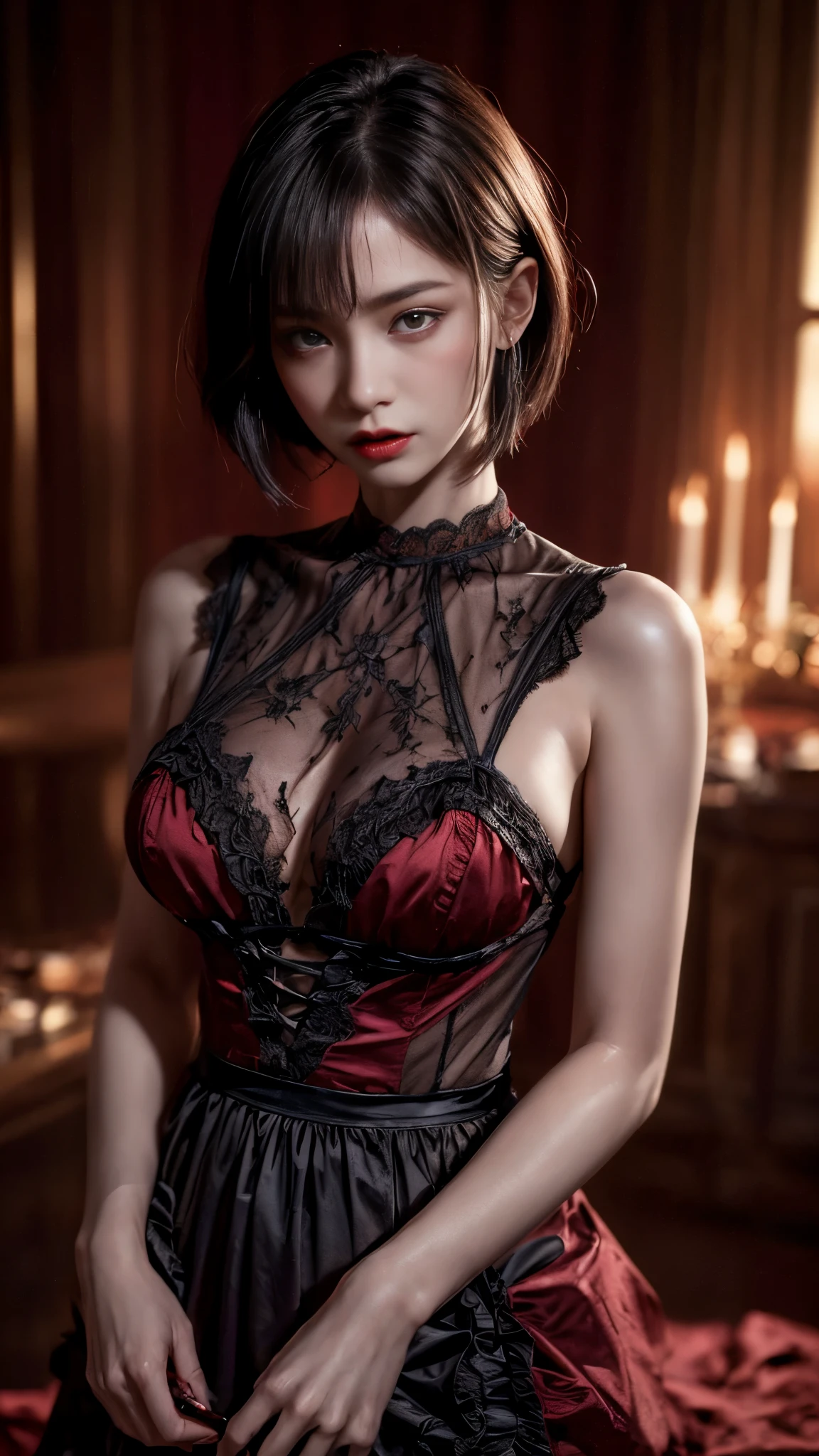 nsfw、(high quality: 1.3), Cinematic shots, masterpiece, (Sharp focus: 1.5), (Realistic: 1.3), Medium size portrait ((Big Breasts)) (Beautiful young vampire woman, Pale skin, Gothic, Red wine still proud、Brave, Straight black short bob hair, Dark look, Detailed lace design、Wearing very elaborate dark lingerie, Dark atmosphere, Sculpting shapes with chiaroscuro), night, (Very detailed肌), (Detailed face),  Detailed Background, Dim lighting, dusk lighting, Volumetric lighting, Intricate details, Ultra-high resolution,Very beautiful woman、Slender women、(Detailed face)、Realistic Skin、((Delicate photo))，(少女masterpieceRAW写真詳細:1.25), (最high quality:1.6), (Ultra-high resolution:1.5), (Realistic:1.75),8k resolution, ,50mm,Absurd, Very detailed,Cinema Lighting、