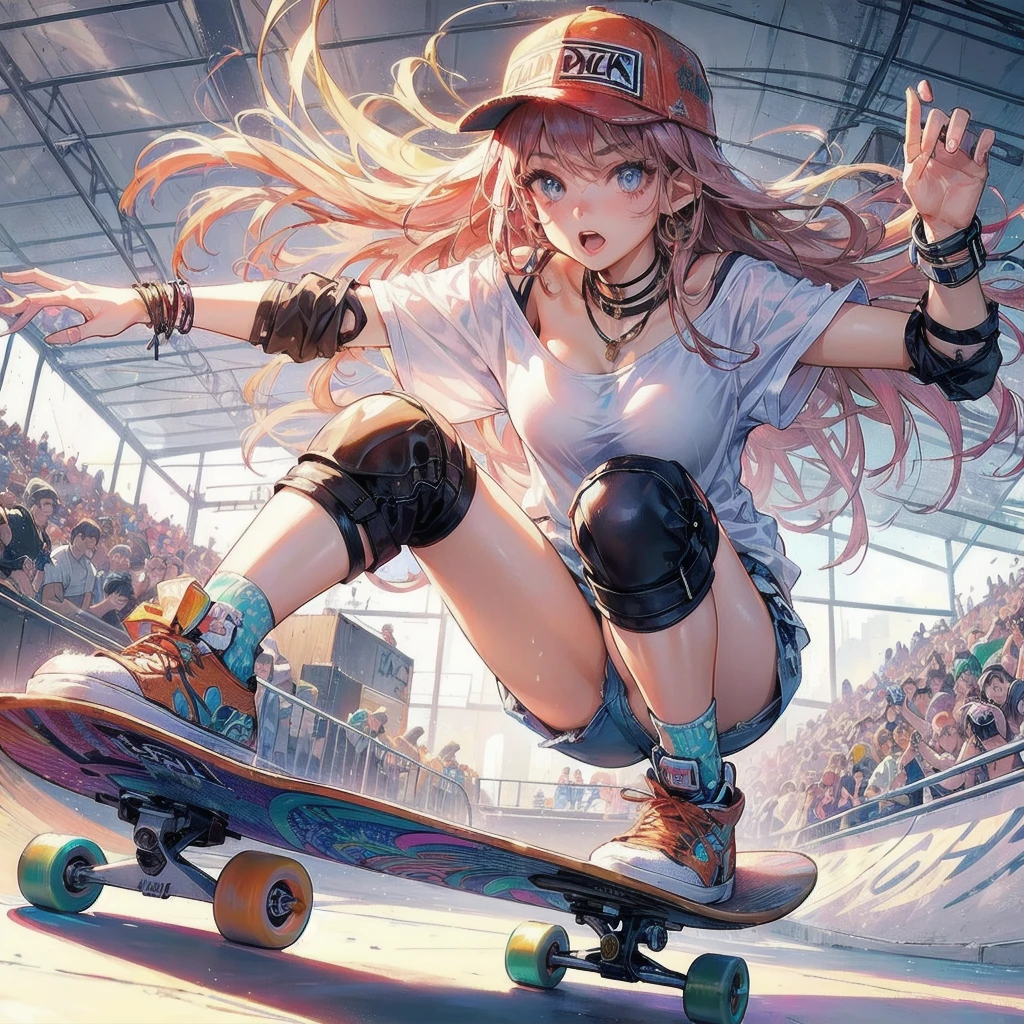 masterpiece, (textured skin), best quality, gorgeous beautiful girl, (a female skateboard athlete), detailed clothes,large breasts,narrow waist,, (beautiful face), cinematic lighting, (at skateboard venue ),(pink long hair),elf girl