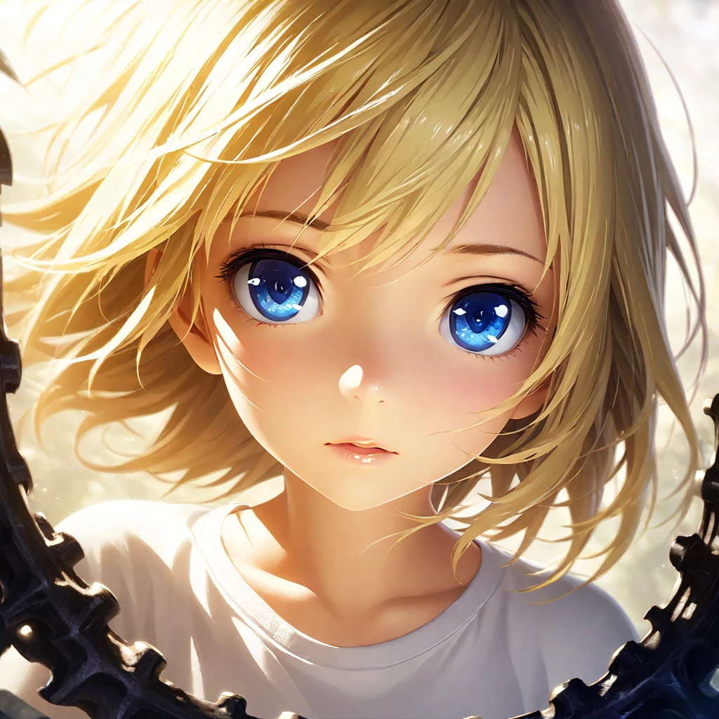 portrait, Practical, blue eyes, Blonde hair, Mid-chest, 4K resolution, High quality CG, Beautiful CG, Soft Light, Octane Rendering, white t-shirt, wide angle, front, direct gaze, frontal view, headshot