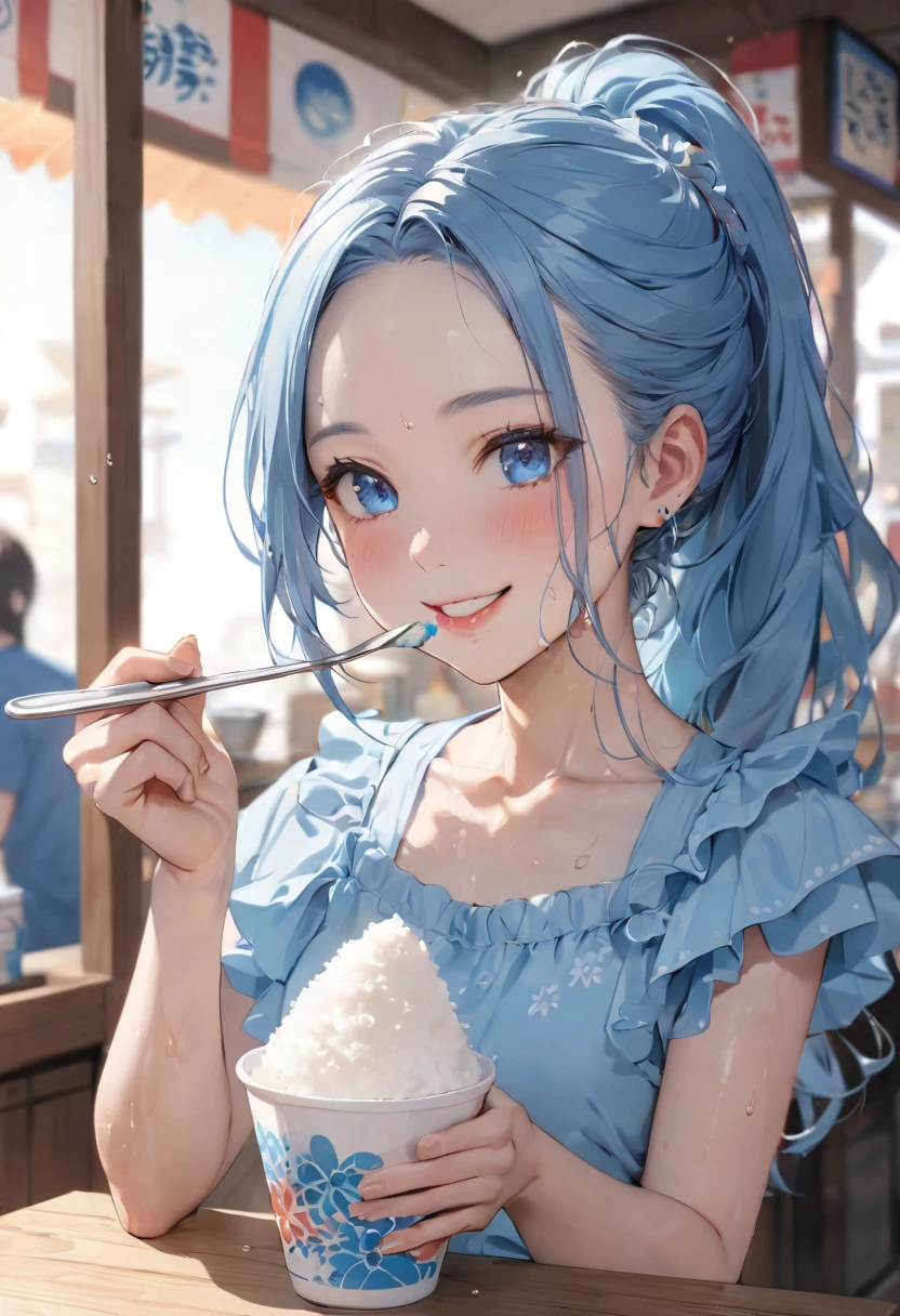 (sweaty skin style), (solo:2, 15 yo), (beautiful forehead), ponytail (beautiful detailed blue hair, long hair) (beautiful girl, cool beautiful blue eyes, glossy lip, best happy smile:1.1, small tits), in a Layered frills cute blue one piece dress, break, in the japanese Shaved Ice Shop, girl is eating shaved Ice, While using a spoon, BREAK, perfect anatomy, masterpiece, best quality, 16k, beautiful detailed summer, daydreaming expression.