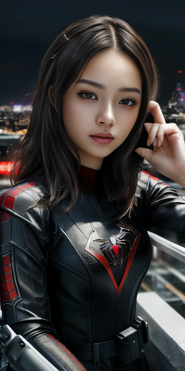 (1 woman:1.3), alone, (((Very detailed face)))), ((very detailed 눈과 얼굴)))), beautiful 디테일의 눈, body parts__, official art, 8K integrated wallpaper, very detailed, beautiful and beautiful, beautiful, masterpiece, best quality, original, masterpiece, very thin photo, best quality, ultra high resolution, realistic realism, sunlight, full body portrait, amazing beauty, dynamic pose, delicate face,  lively eyes, (in front), she wears a spiderman suit, red and black color scheme, spider, night city roof background, very detailed, roof, with city view, detailed face, Detailed complex busy background, crummy, very cool, milk white, very detailed 피부, realistic skin details, visible pores, clear focus, volumetric mist, 8k words, dslr,  high quality, film grain, light skin, photographic realism, lomography, Futuristic dystopian megacity, transparent