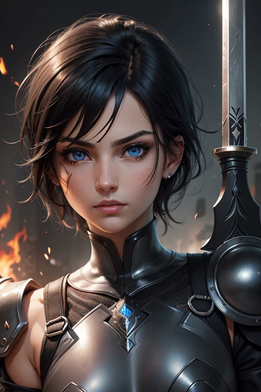 absurdrez, ultra details, high qualiy, Artwork, face detailed, gorgeous eyes(detailedeyes) warrior with sword, short black hair, Paladin's Heavy Armor, fully body, tense facial expression, gaping mouth, yelling, grappling, gazing at viewer, eye shadow, eye pencils, super lashes, fully body, lush ass