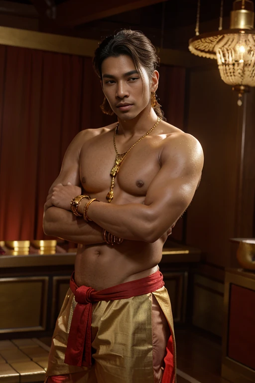 Asian god, handsome guy, Indian Dhoti Style is red color, topless, gold bangle on arms, gold earing, gold pendant, gold rings, top-knot hairstyle, standing, Full Frame, Professional Lighting, Thai temple, heaven background.