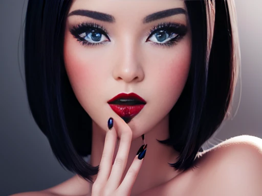 Beautiful girl short black hair, blue eyes white skin , black manicure and voluminous red lips, beautiful and perfectly detailed face,  nsfw image 1.2 high resolution 12k gotich makeup fanart Stunning wallpaper 
