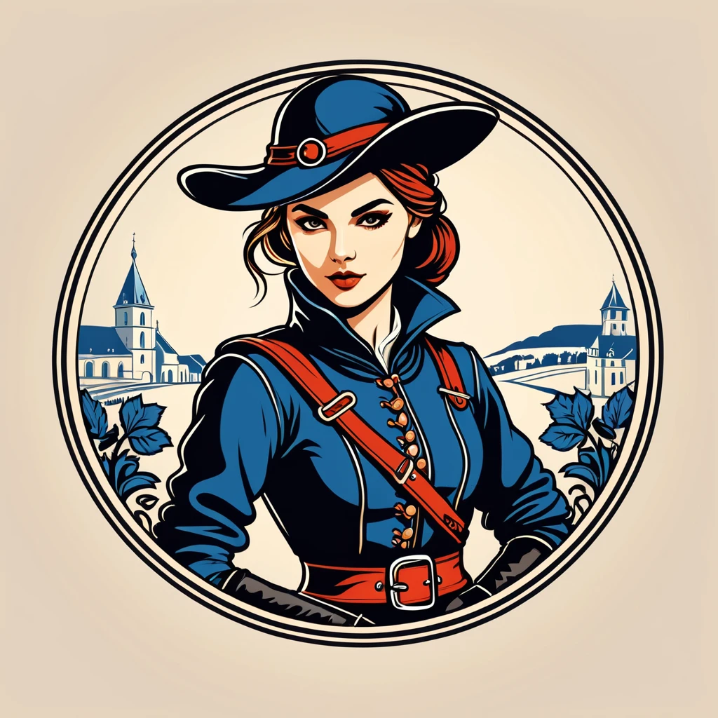female	thief	in french folk outfit	,vector graphics, strong contours, logo design																						