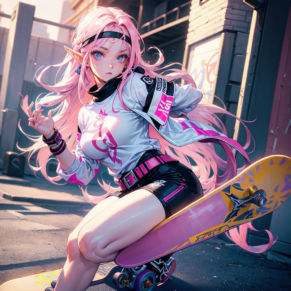 ((Masterpiece)), (Hdr), Best quality, extremely detailed face, perfect  lighting, 1fille, seulement, Voir Ryuuko, streetwear, pink hoodie, crop top, casual, (smirk:0.7), (rafale de vent:1.0), (cheveux noirs:0.4), (serious:0.6), (Cheveux courts:0.5)