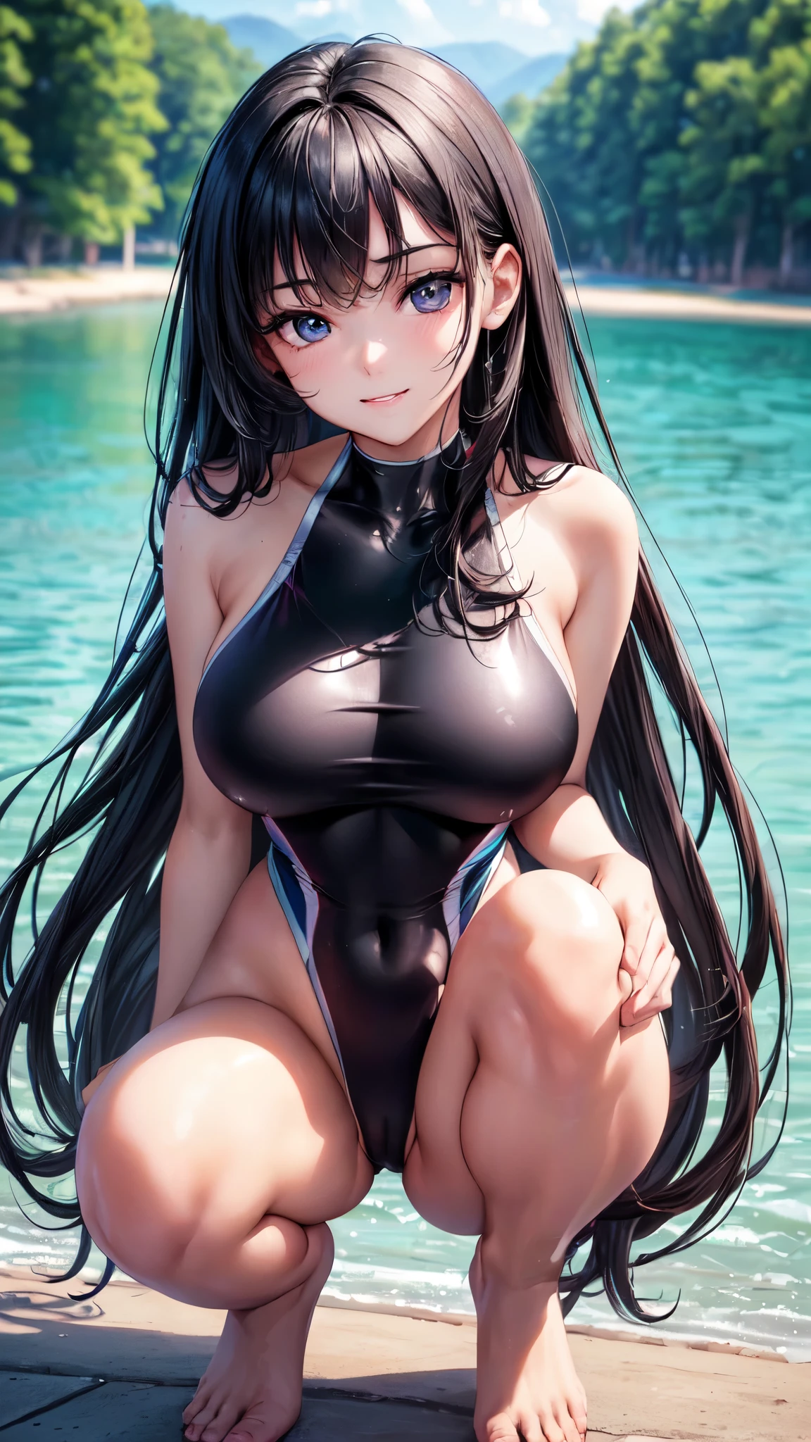 (4K,masterpiece,best quality,ultra detailed,high resolution),(from front),(solo),(beautiful woman),age,(black hair),(beautiful detailed face,beautiful detailed eyes),(finely detailed skin,fair skin),light smile,(one-piece competition swimsuit),(on the beautiful lake),(medium hip,big breast),spread legs,squatting,cowboy shot,