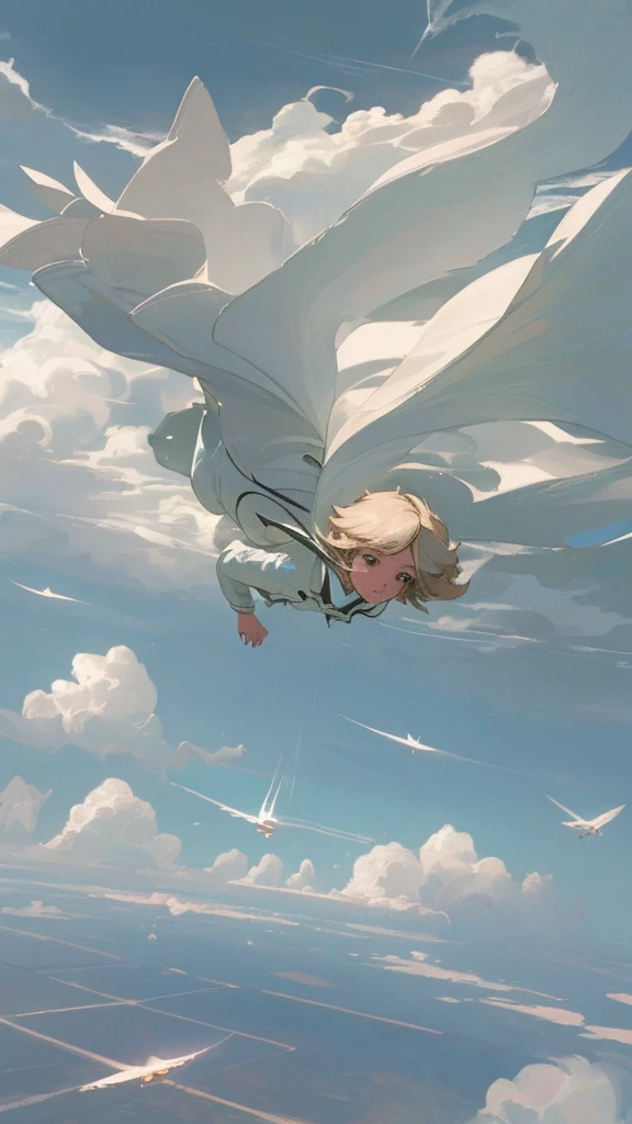 Close-up of a person flying through a cloudy sky, Floating in the sky, Inspired by Cyril Rolland, Floating in the sky, She&#39;s getting closer to heaven, Beep and james jean, Cyril Rolland style, realism | Beep, Beep daily art, Girl Cloud, Makoto Shinkai Cyril Rolland