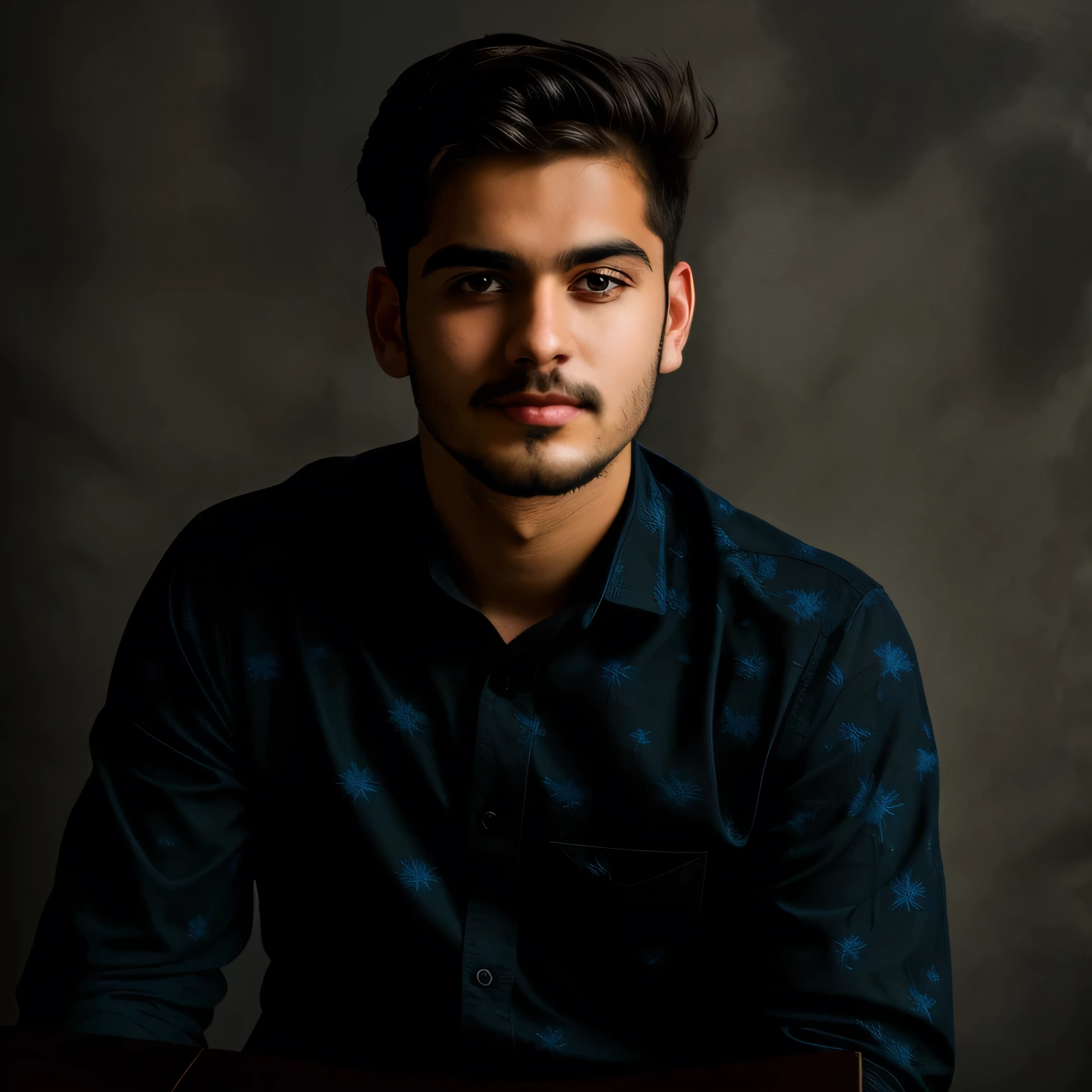 a boy with small beard hair sitting in dark realistic with dark blue shirt