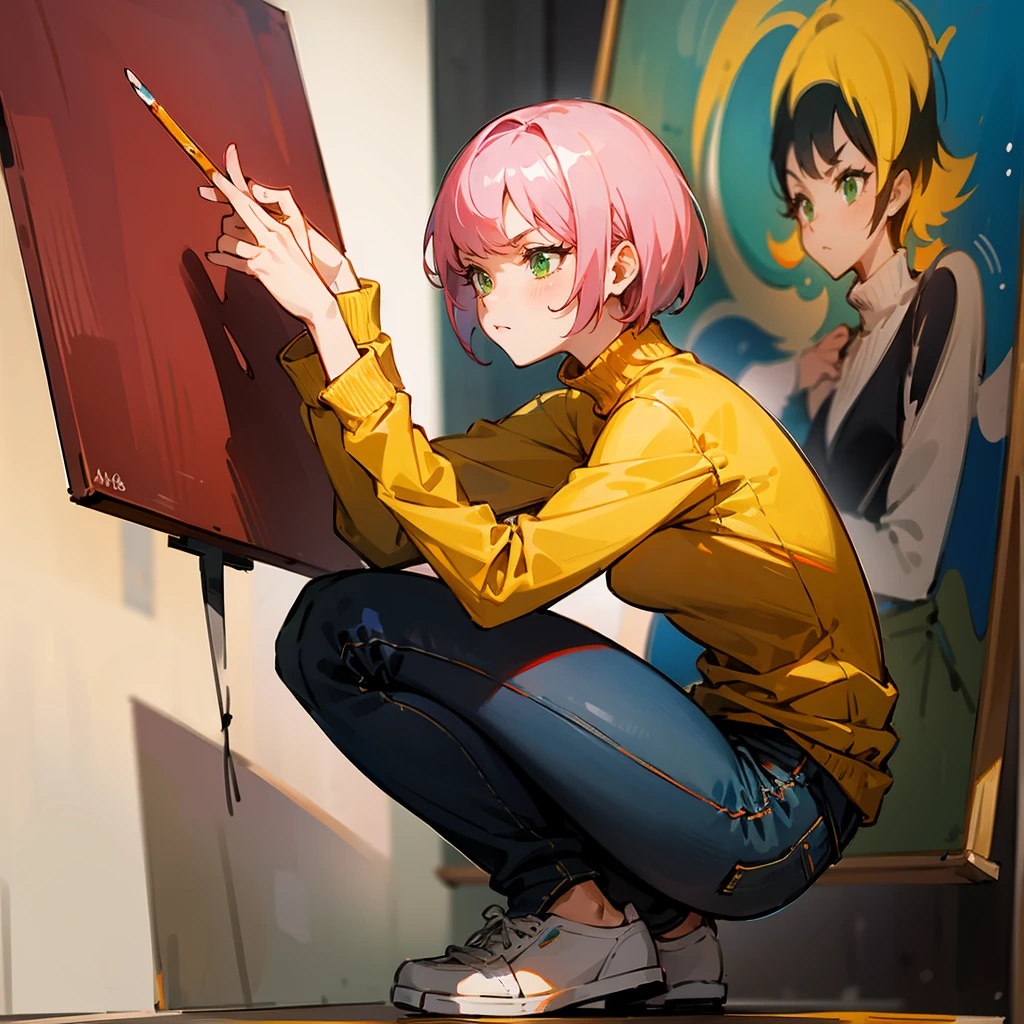 1female, Pink Hair, Yellow Turtleneck, Short Hair, Black Jeans, Casual Shoes, Green Eyes, Serious Expression, , Artist, Adult Female, Studio, Painting on a Canvas