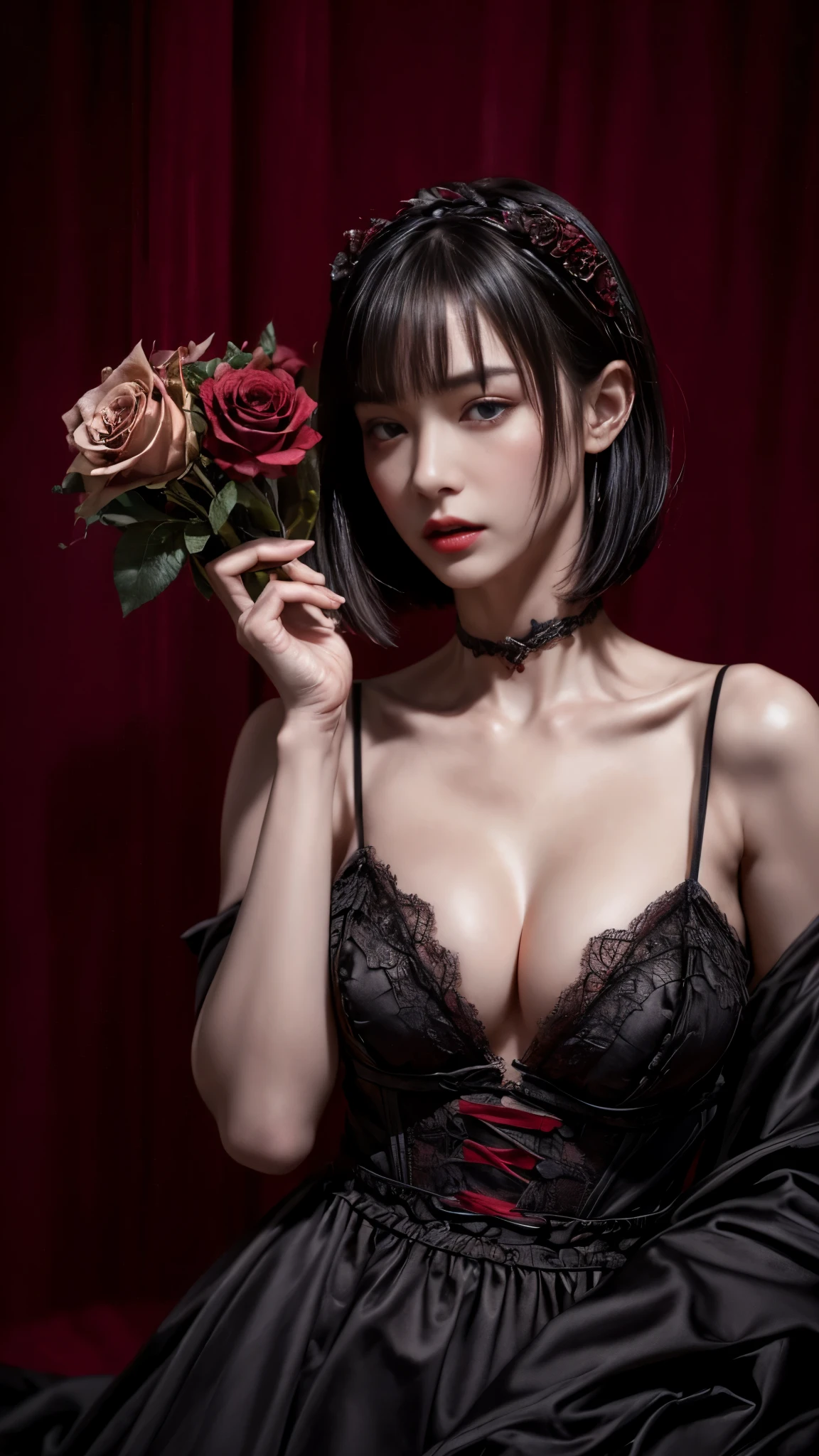 nsfw、(high quality: 1.3), Cinematic shots, masterpiece, (Sharp focus: 1.5), (Realistic: 1.3), Medium size portrait ((Big Breasts)) (Beautiful young vampire woman, Pale skin, Gothic, Red wine still proud、Brave,Lots of roses、 Straight black short bob hair, Dark look, Detailed lace design、Wearing very elaborate dark lingerie, Dark atmosphere, Sculpting shapes with chiaroscuro), night, (Very detailed肌), (Detailed face), Detailed Background, Dim lighting, dusk lighting, Volumetric lighting, Intricate details, Ultra-high resolution,Very beautiful woman、Slender women、(Detailed face)、Realistic Skin、((Delicate photo)),(少女masterpieceRAW写真詳細:1.25), (最high quality:1.6), (Ultra-high resolution:1.5), (Realistic:1.75),8k resolution, ,50mm,Absurd, Very detailed,Cinema Lighting、