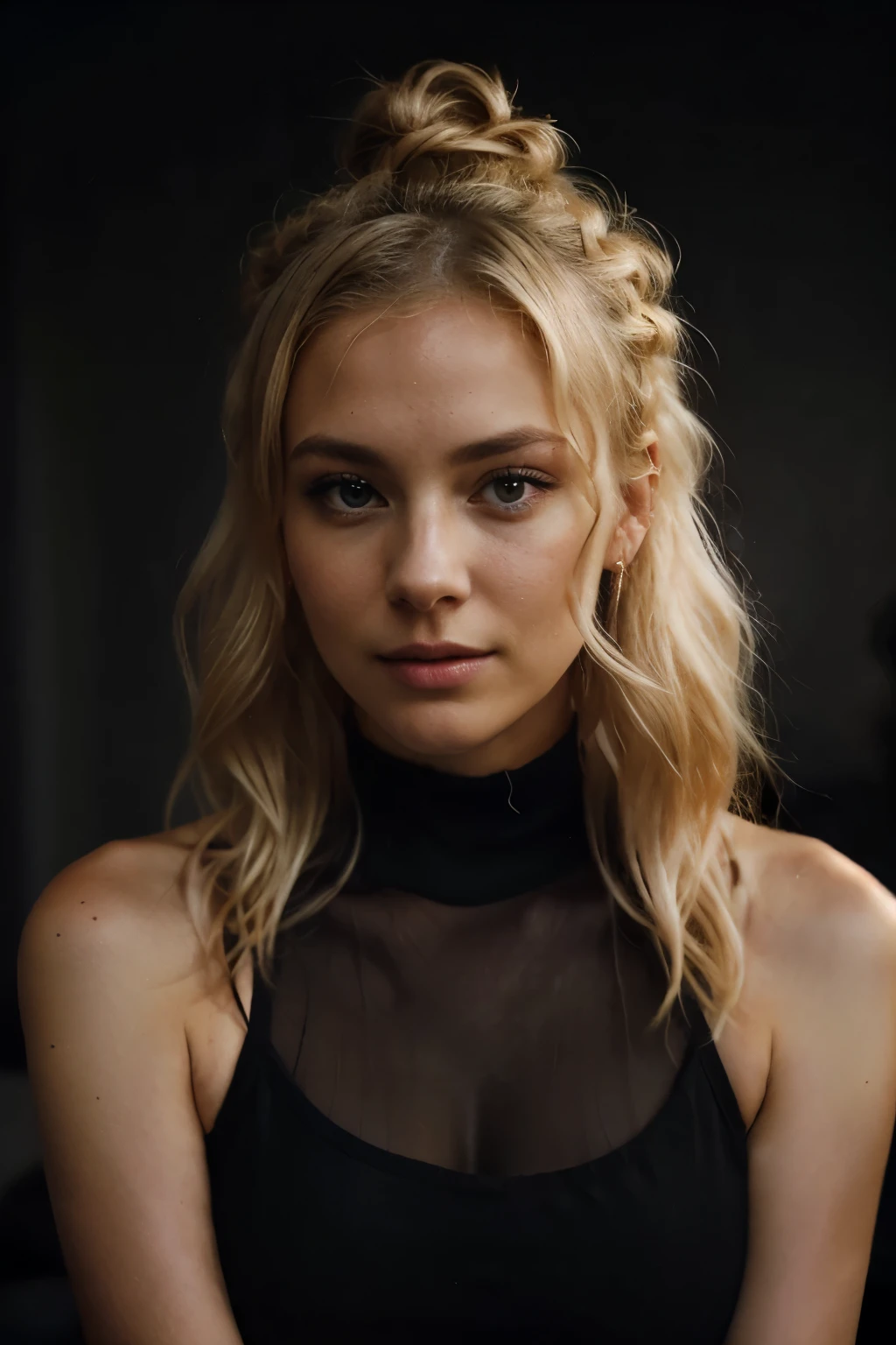 blonde woman making eye contact with hair, gathered in a bun, and dark theme