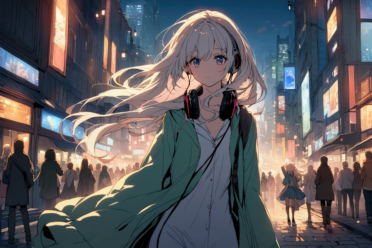 A young anime girl with long, flowing hair and a guitar case slung over her shoulder walks down a bustling city street. Her headphones are draped around her neck, and she seems lost in her own world, humming along to the music playing in her ears. The city is full of life and energy, but the girl seems oblivious to it all, her focus solely on the music that fills her head.