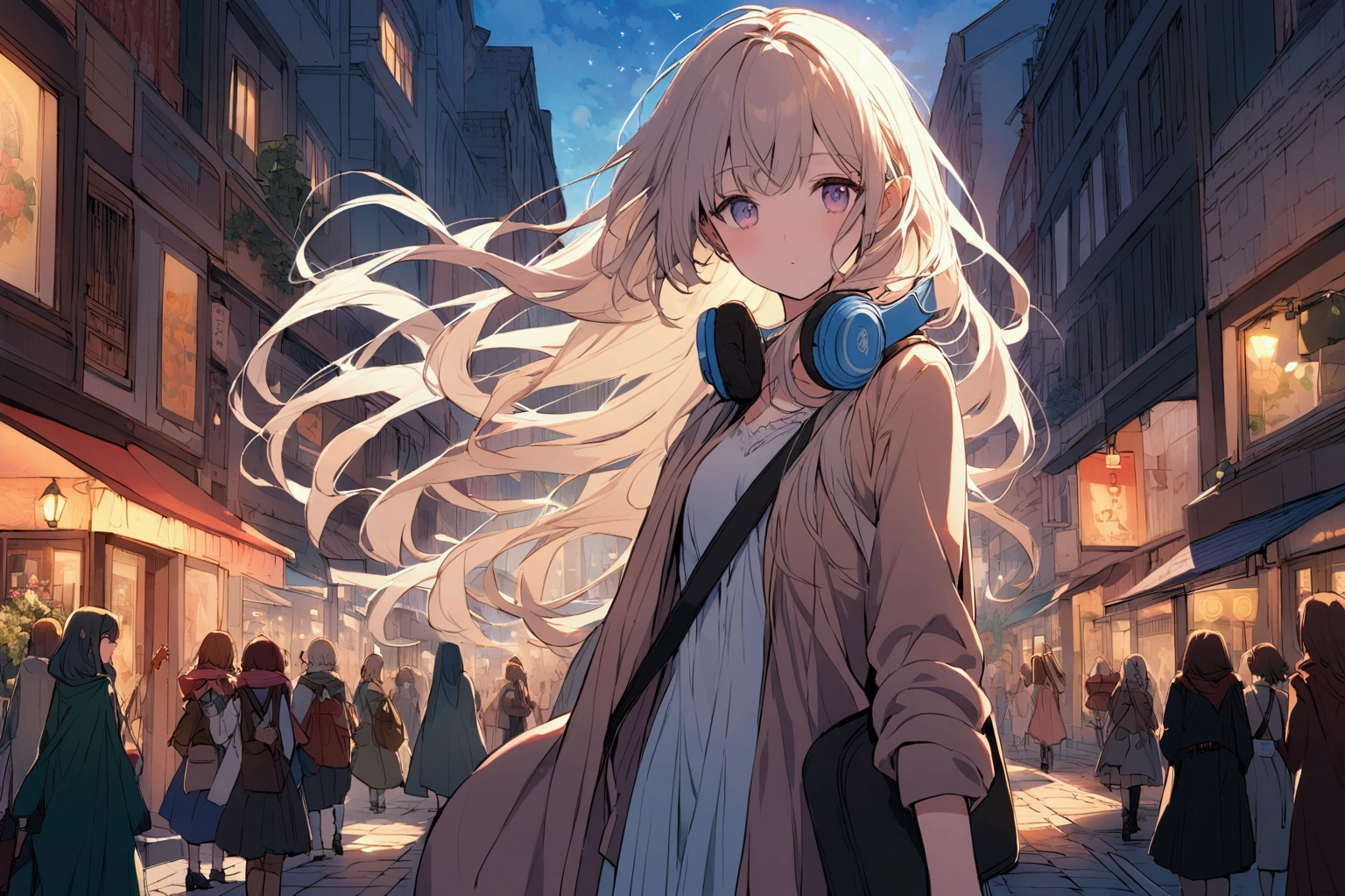 A young anime girl with long, flowing hair and a guitar case slung over her shoulder walks down a bustling city street. Her headphones are draped around her neck, and she seems lost in her own world, humming along to the music playing in her ears. The city is full of life and energy, but the girl seems oblivious to it all, her focus solely on the music that fills her head.