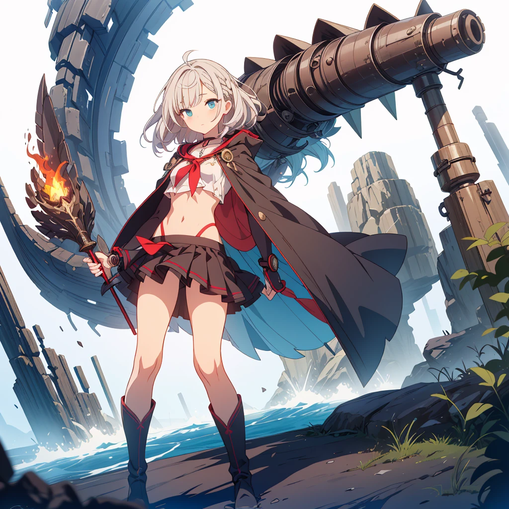 (Tabletop, Highest quality), (perfect athletic body: 1.2), (Thin Hair), Super Detailer, Anime Style, whole body, alone,Magical girl, Sea green twin hairstyles with blue eyes, Wearing a tattered black cloak and a black and red skirt, Wearing long boots, Burnt mechanical limbs, giant limbs, a burning hole in my chest, Standing in the Wilderness, 8K high resolution, White Background, whole body, Holding a giant magic wand in one hand, ((woman'Blue Water'Fist of))Bullish appearance