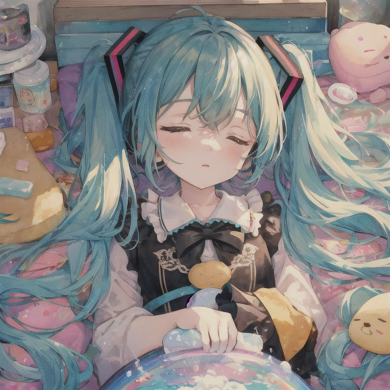 ((Hatsune Miku 1.5))) it has been, dreamy cute, pale, Haze, (masterpiece, Highest quality, Highest quality, watercolor (Moderate), Upper Body, kiss, Lesbian, ta Fashion, pattern, break, (Rainbow Hair: 1.2), break, Soap bubble, Rainbow behind, cloud, colorful, Soap bubble, Spread throughout, cute, pastel, cute room, Rainbow Unicorn Plush Toy, Sleeping in bed