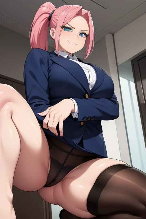 Woman in a business suit, stockings, curvy, busty, evil smirk, dominant stare, thick thighs, from below, squatting down, looking at viewer, inside a room, hand extended toward viewer, pink hair, double ponytails hairstyle, blue eyes