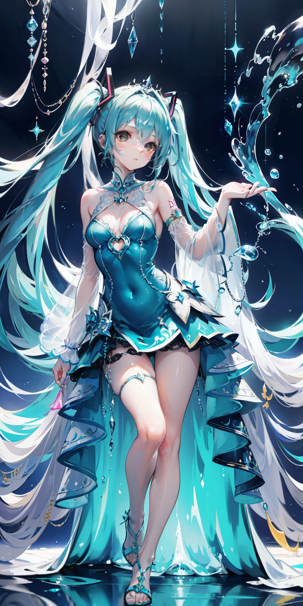blue theme, Hatsune Miku portrait,masterpiece, magic , (Impossible Dress:1.5), mini skirt, Gradient background, Silver-blue hair, , bangs,Side Chain, pink eyes, (ulzang-6500-v1.1:0.9), Medium chest, Chest, Thigh gap, Hair accessories, arching back, Black_witch_have,complicated_decorate,mystery_fountain,luminescent_crystal