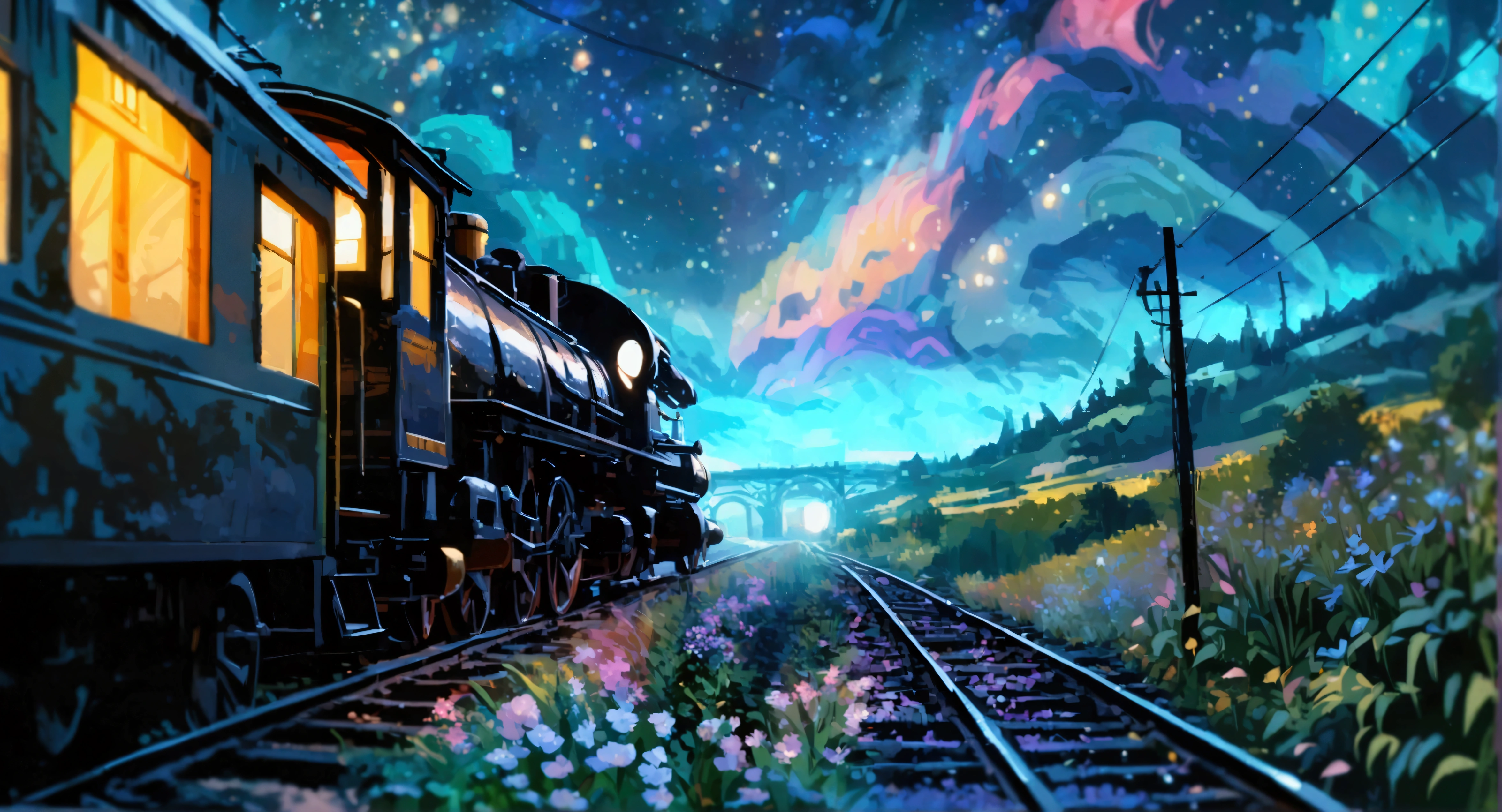 a beautiful girl in a fantasy night landscape, looking up at the starry night sky, steam locomotive, galaxy railroad, digital art, intricate details, cinematic lighting, vibrant colors, dramatic atmosphere, dreamlike, highly detailed, 8k, masterpiece