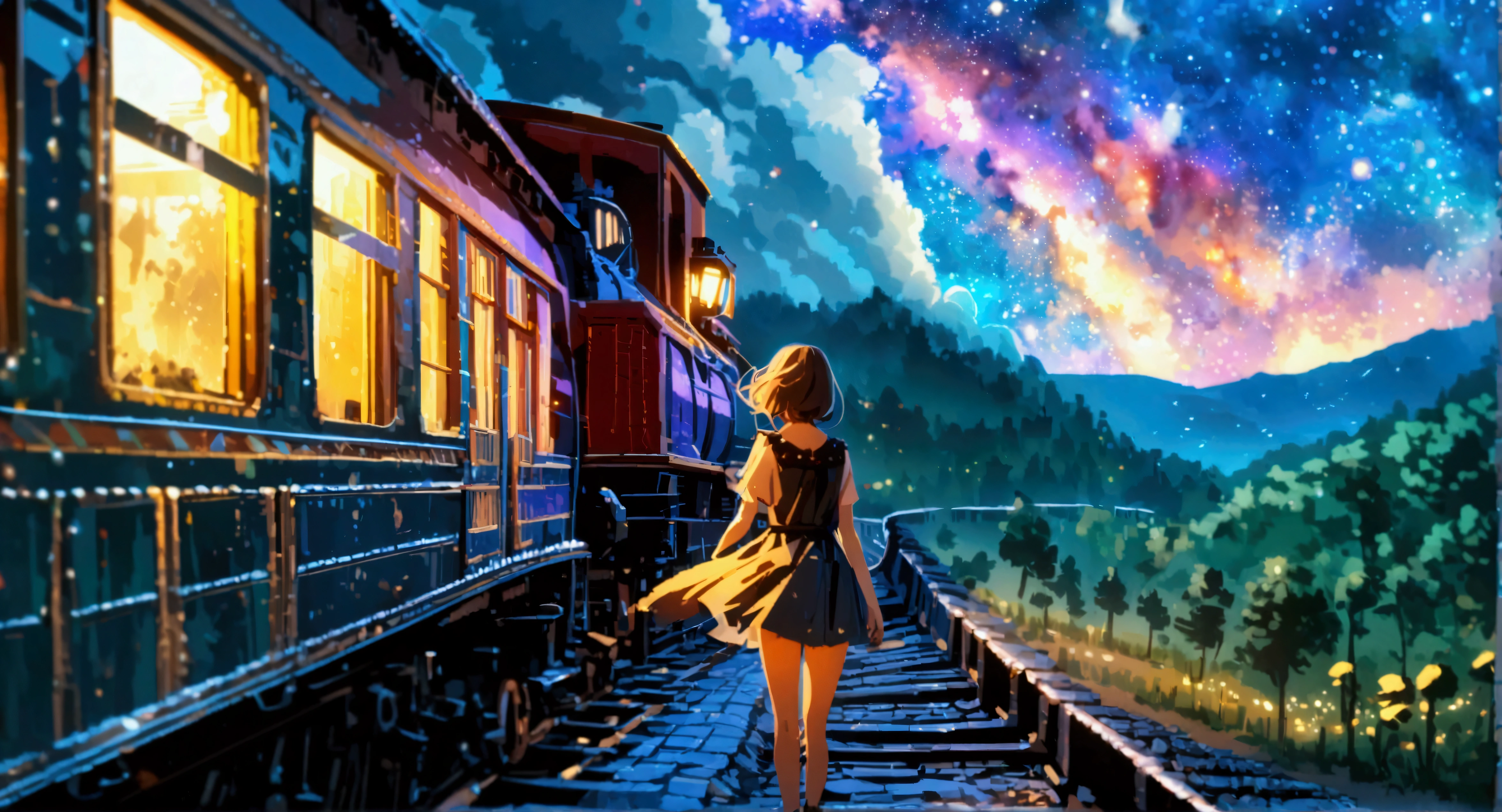 a beautiful girl in a fantasy ht landscape, looking up at the starry nigsky, steam locomotive, galaxy railroad, digital art, intricate details, cinematic lighting, vibrant colors, dramatic atmosphere, dreamlike, highly detailed, 8k, masterpiece