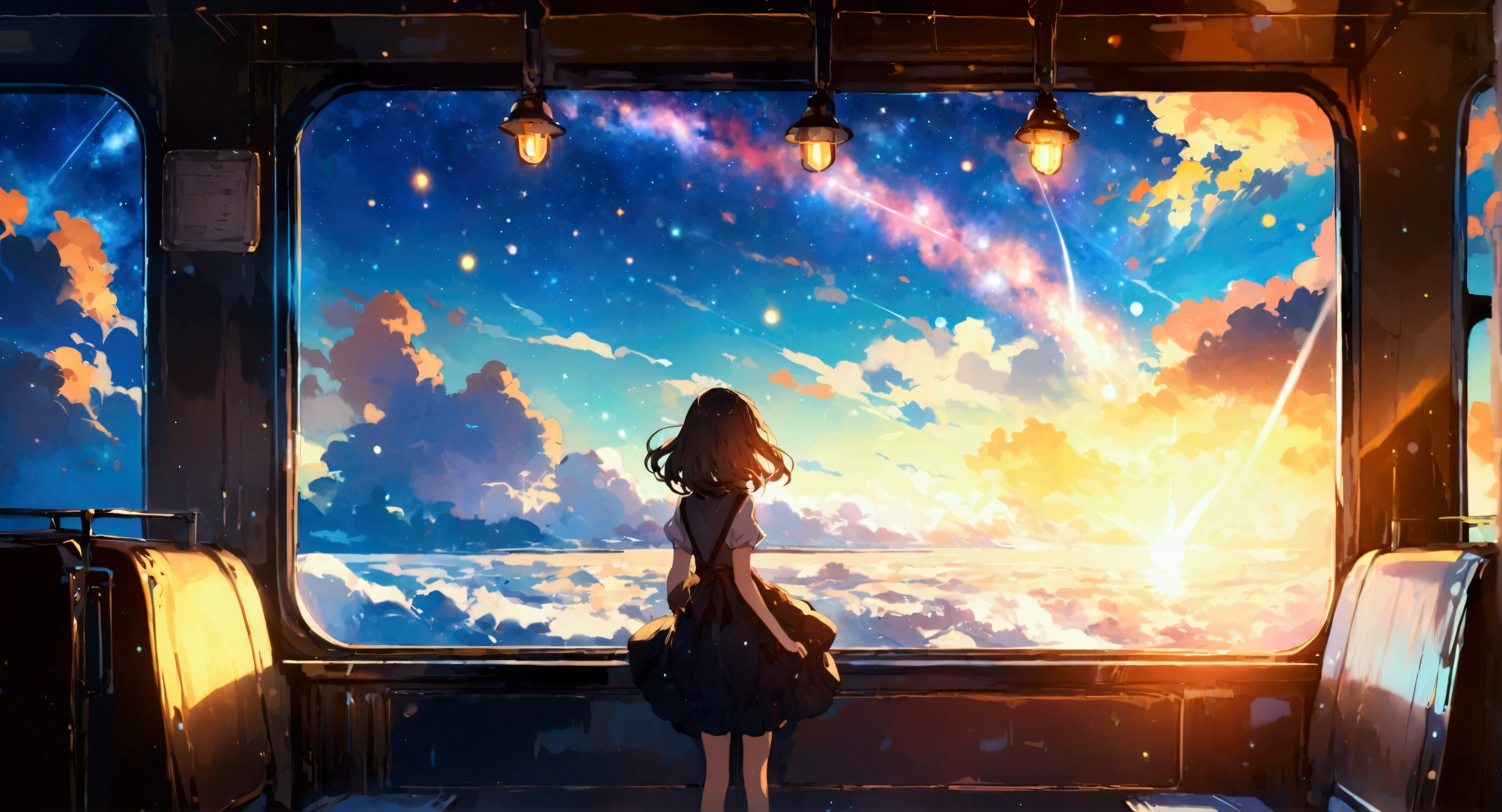 Anime Style、high resolution,((masterpiece:1.2)),Galaxy Express 999、Girl looking out of the room、Beautiful starry sky、Beautiful night view、A locomotive taking to the sky