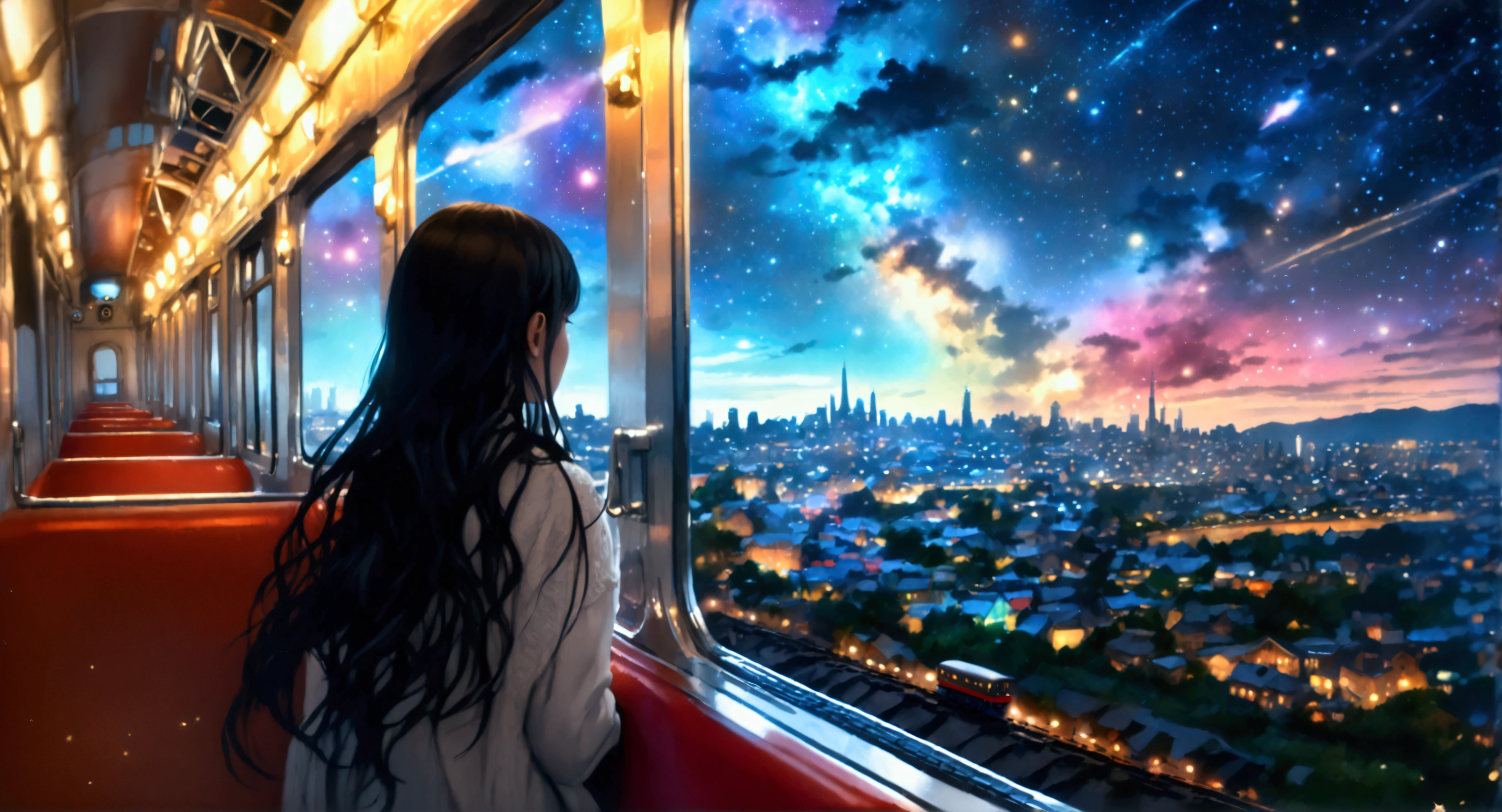 a beautiful girl gazing out of the window of a train on the milky way galaxy, extremely detailed, cinematic, dramatic lighting, fantasy, magical, intricate, vibrant colors, glowing stars, night cityscape, flying locomotive, (best quality, 4k, 8k, highres, masterpiece:1.2), ultra-detailed, (realistic, photorealistic, photo-realistic:1.37), cinematic composition, dramatic lighting, fantasy, magical, intricate details, vibrant colors, glowing stars, night cityscape, flying locomotive