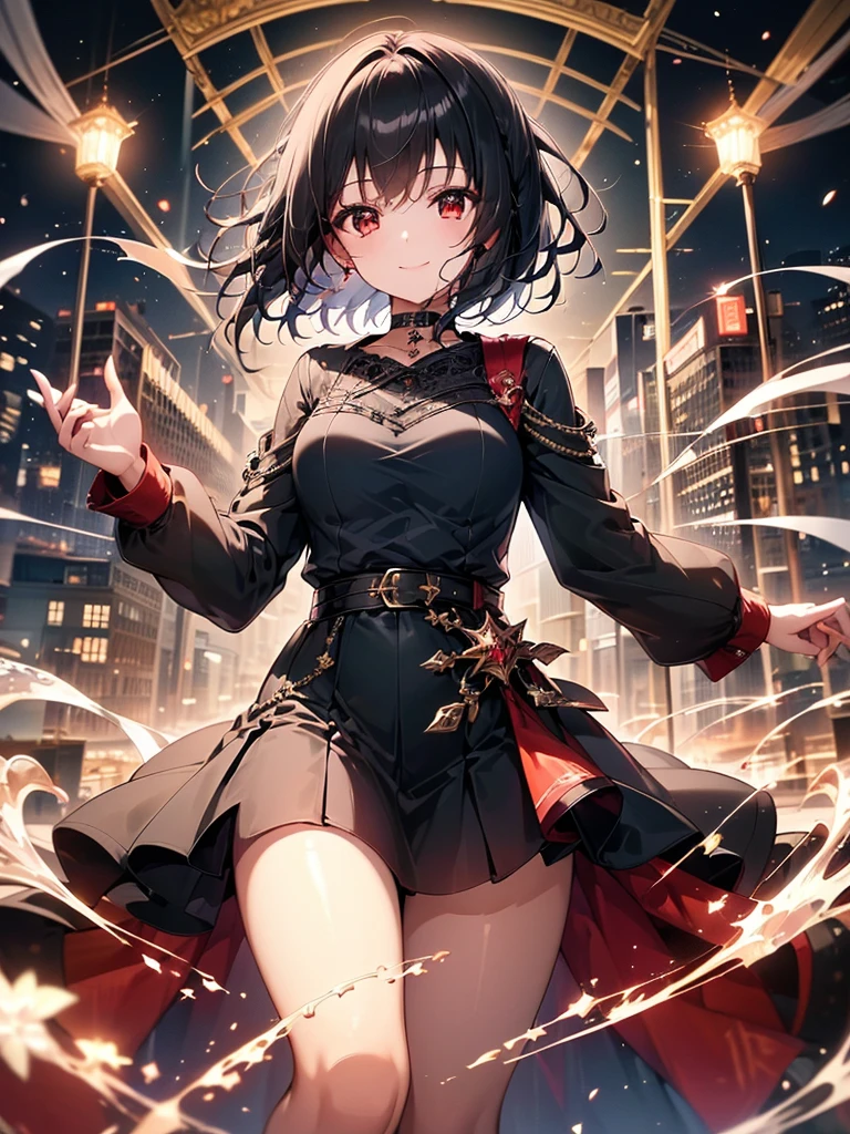 (masterpiece, highest quality, highest quality, (No text), Beautiful and aesthetic:1.2),No text,アニメ、BREAK,One Girl，Black Hair Girl　short hair　older sister　choker　Beautiful eyes　Red eyes　cool　smile　Red and Black　Black jacket　mini skirt　whole body　In town