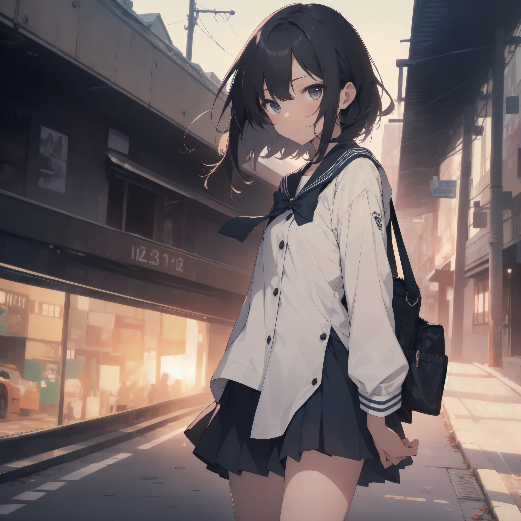 ultra-absurdres-Top quality by artist God, ultra-detailed, high resolution, anime moe artstyle, best anime 8k konachan wallpaper, pixiv contest winner, pool:2810, perfect anatomy,break, 1girl, (Please draw a girl walking sleepily to school alone. )break,(Solo,little female, 13-year-old:1.3),Full limbs, complete fingers,a junior high school student, (very short hair), short cut, flat chest, , small butt, small black eyes, beautiful detailed eyes, well-proportioned iris and pupils, expressive eyes, highres detailed hair, soft expression, salor school_uniform, sailor collar, serahuku, bow, pleated skirt,(Detailed Lighting), (Detailed background), in the School commute route. break,super detailed skin, Best cinematic lighting powered by famous artist, 8k,beauty illustration,photoshop_(medium),very aesthetic,break,((artist:zen_(kamuro) )), artist:clamp ,artist:carnelian ,artist:kantoku ,
